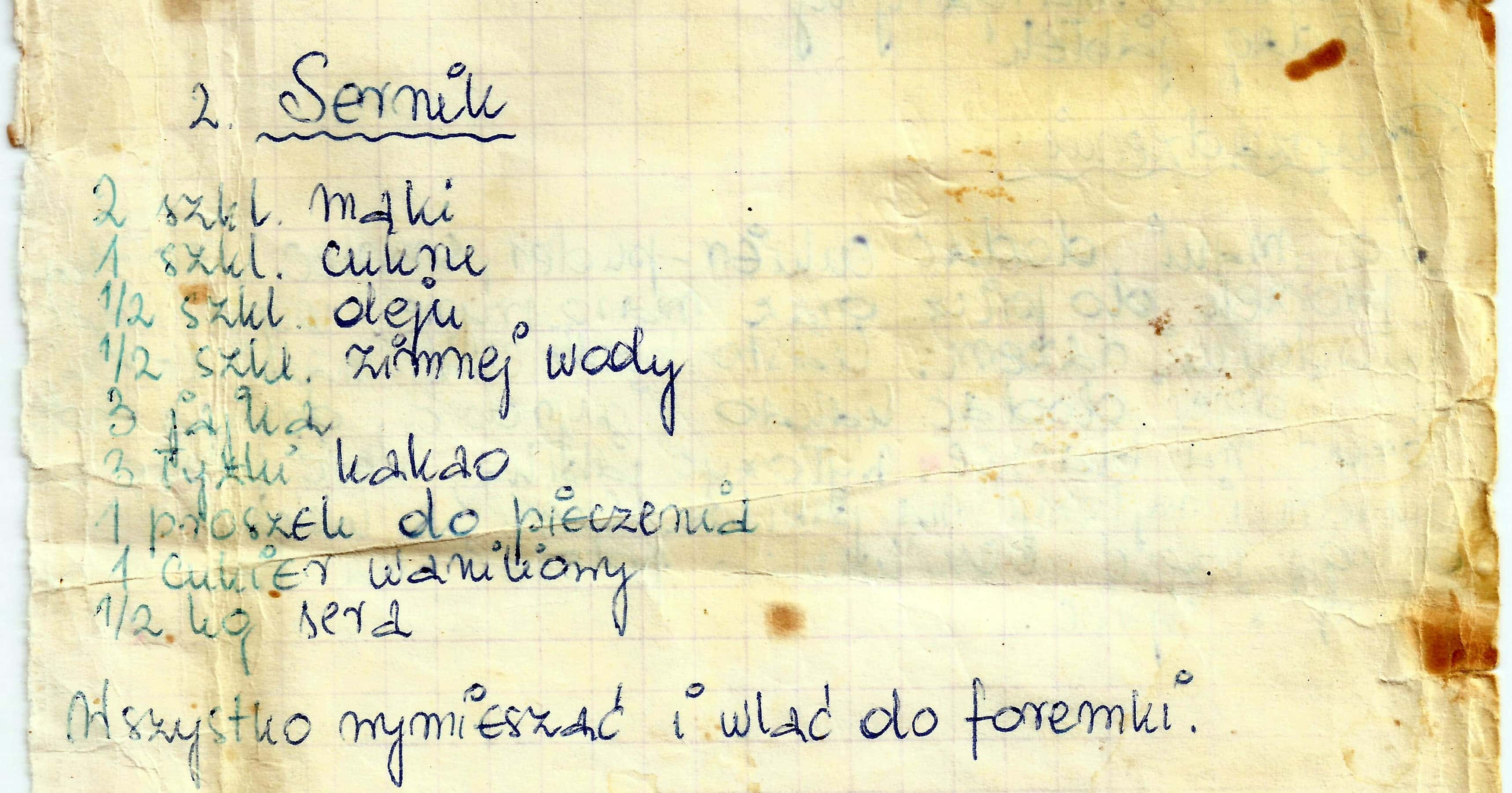 zeskanowany dokument, odręcznie pisany przepis kulinarny