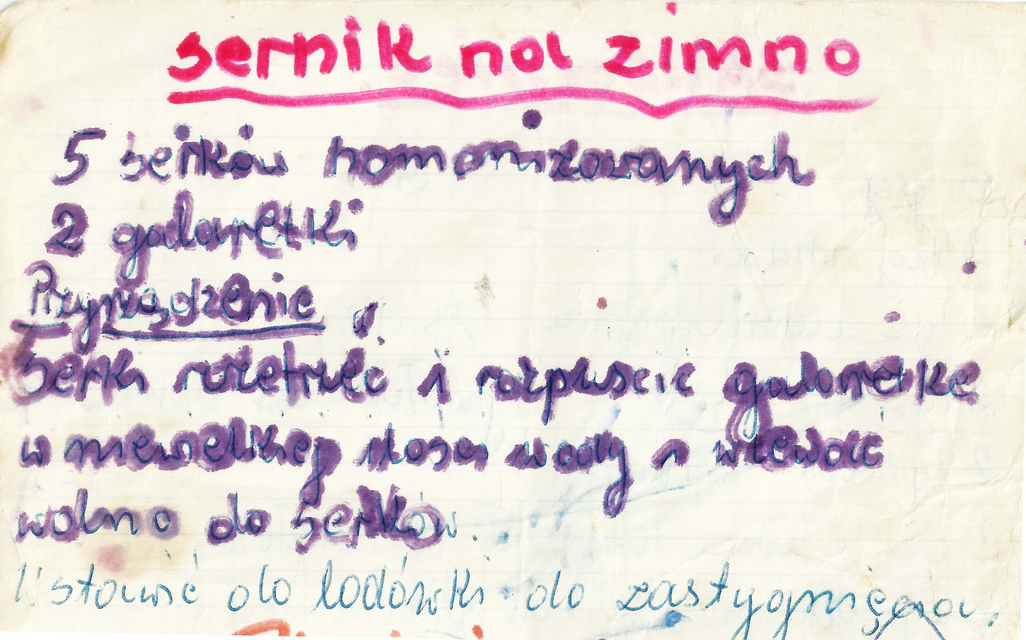 zeskanowany dokument, odręcznie pisany przepis kulinarny