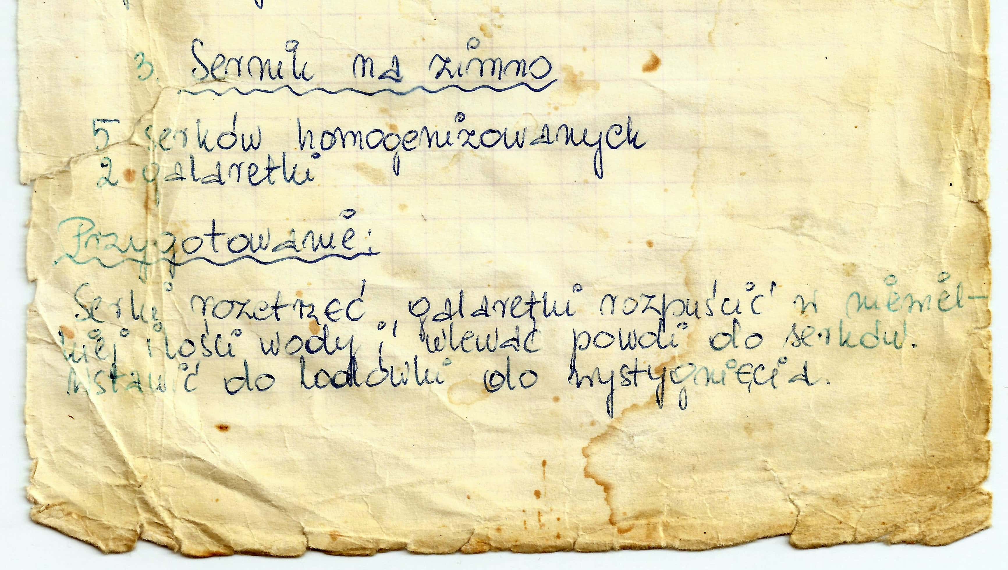zeskanowany dokument, odręcznie pisany przepis kulinarny