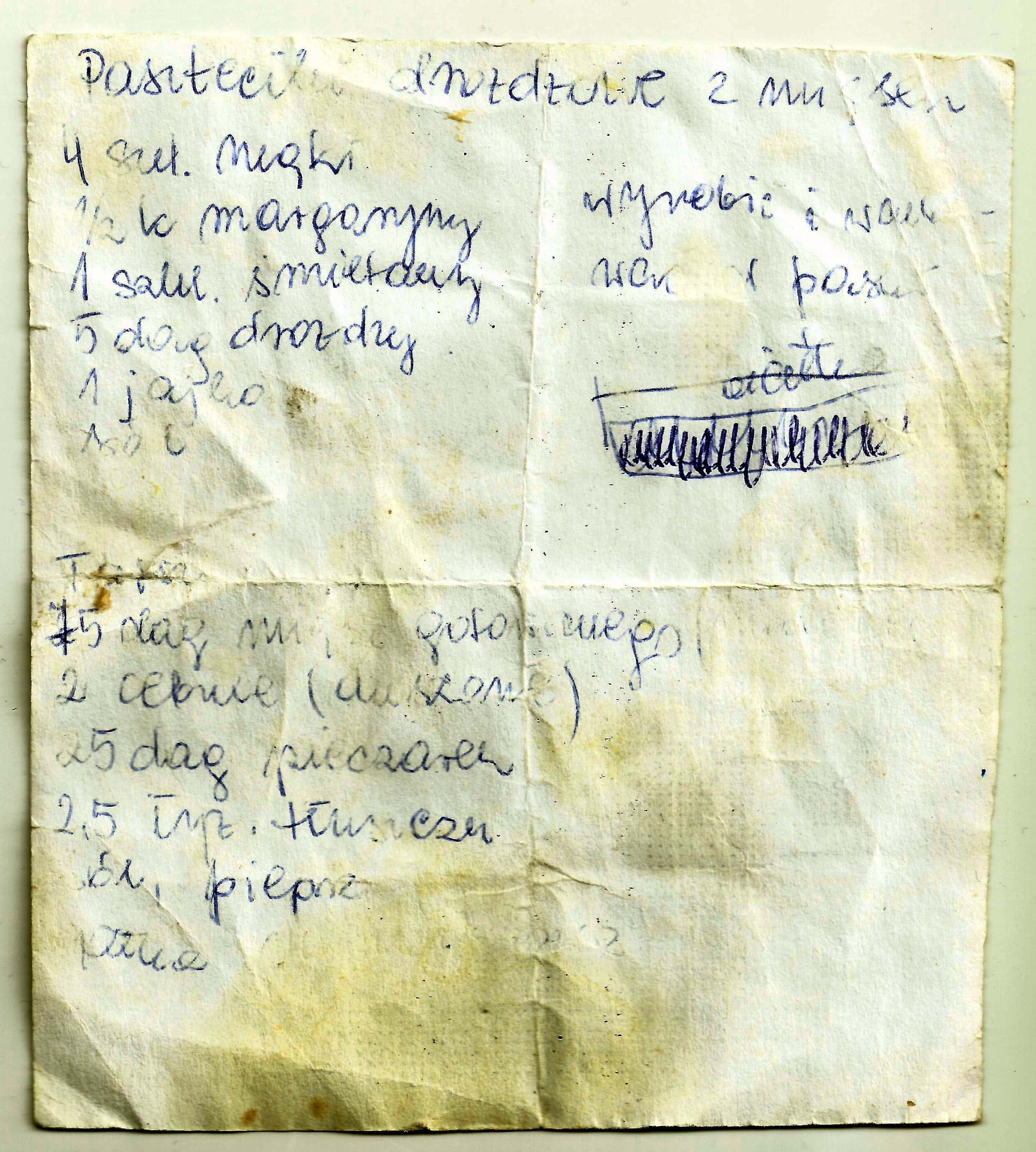 zeskanowany dokument, odręcznie pisany przepis kulinarny