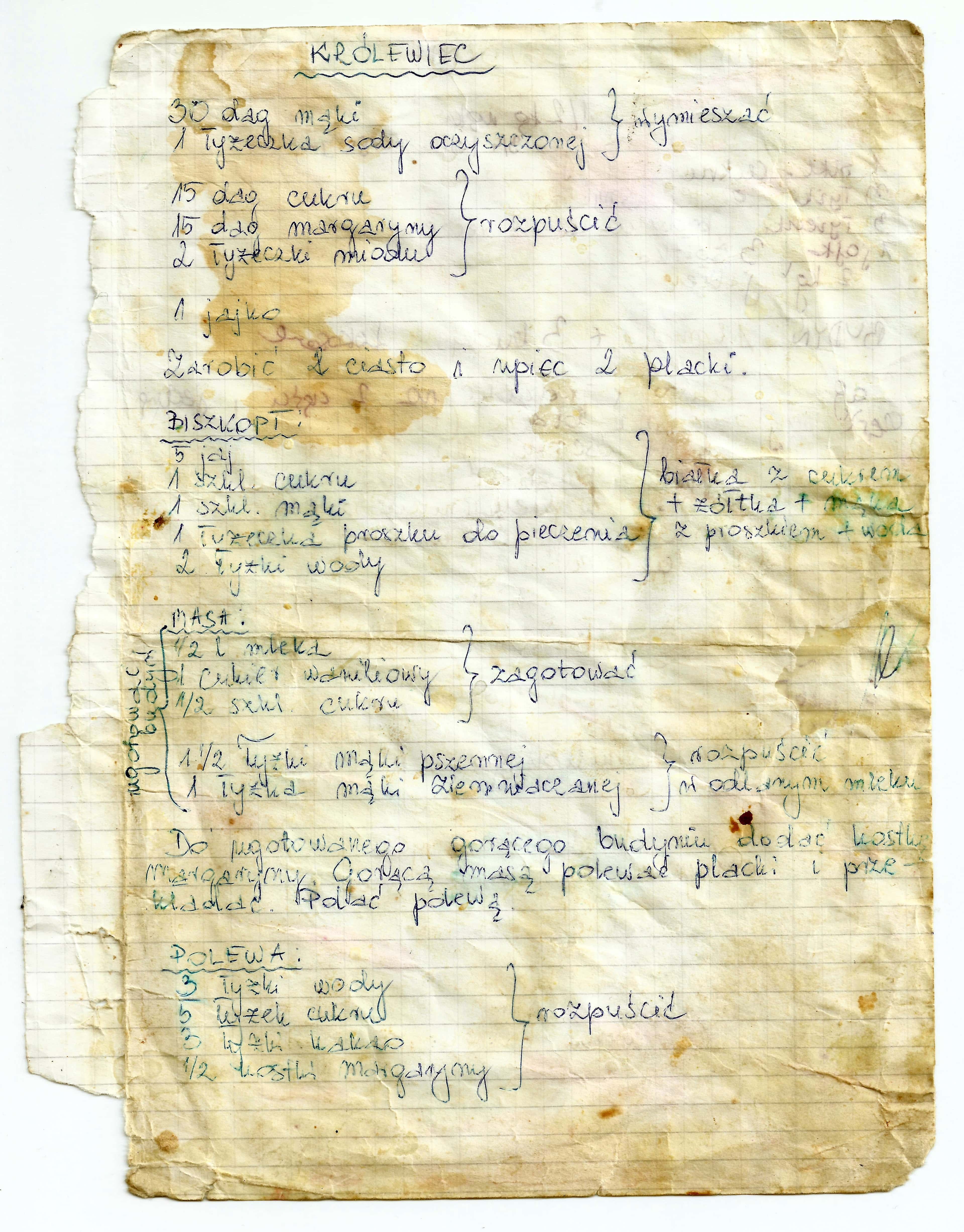 zeskanowany dokument, odręcznie pisany przepis kulinarny