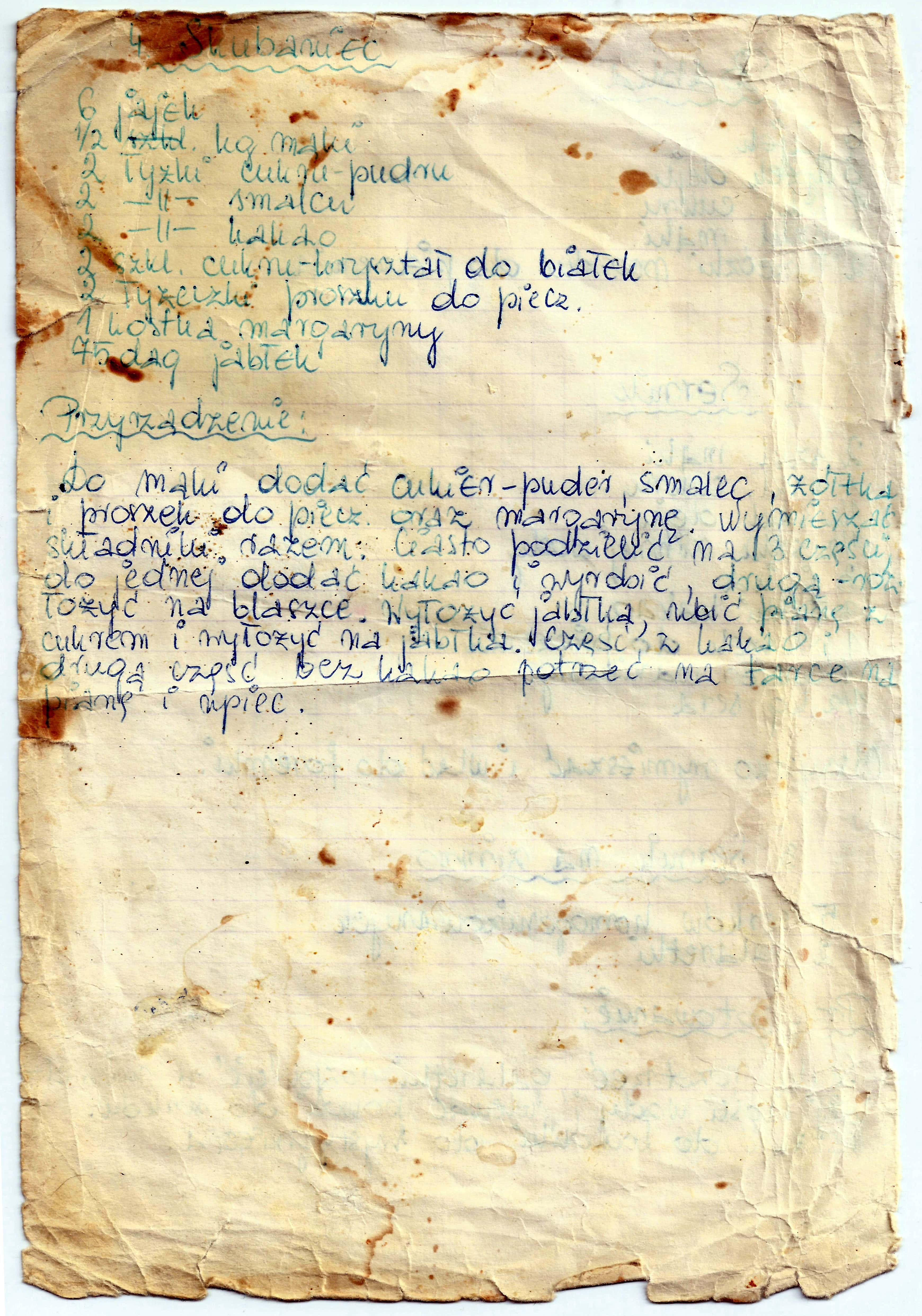 zeskanowany dokument, odręcznie pisany przepis kulinarny