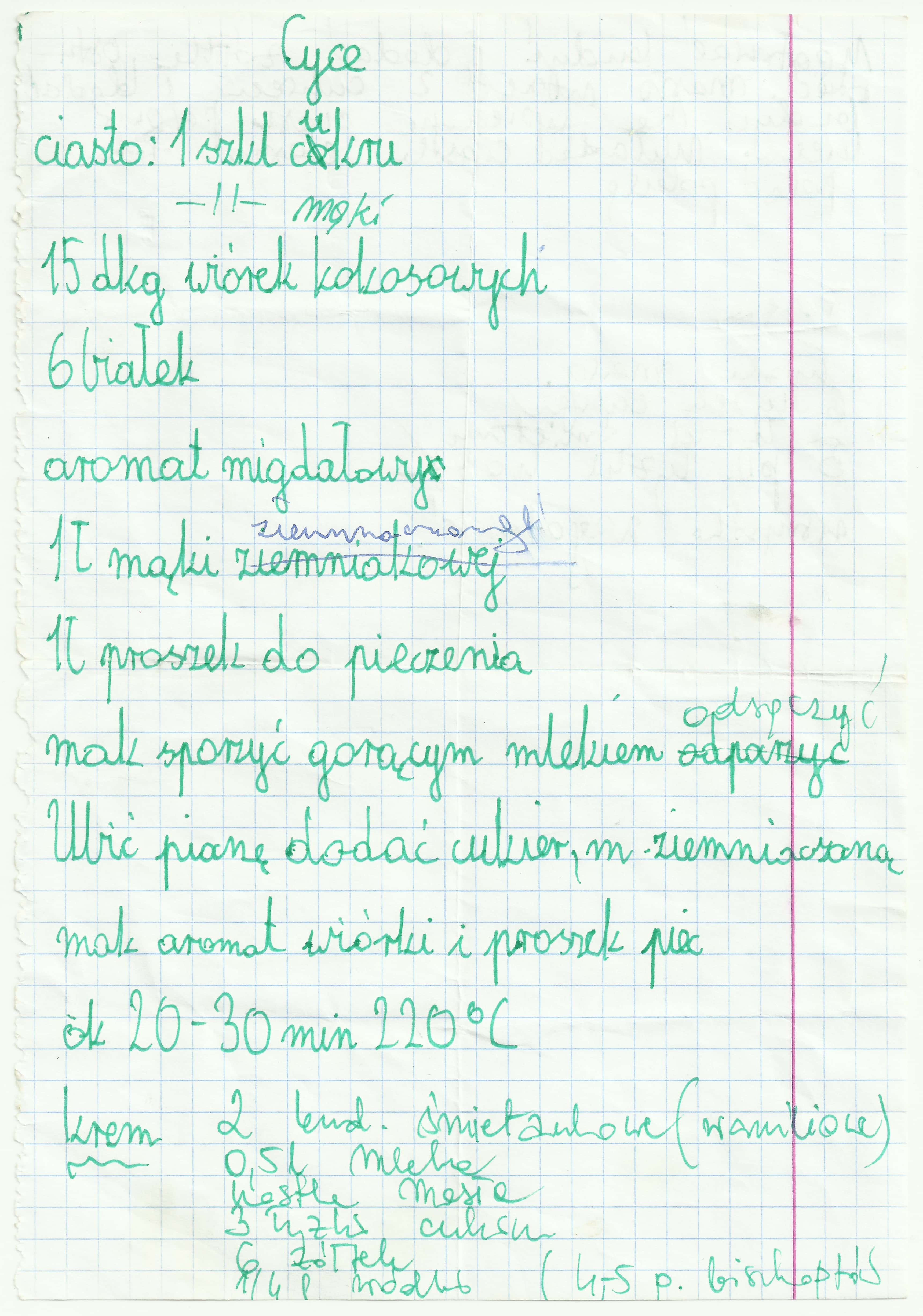 zeskanowany dokument, odręcznie pisany przepis kulinarny