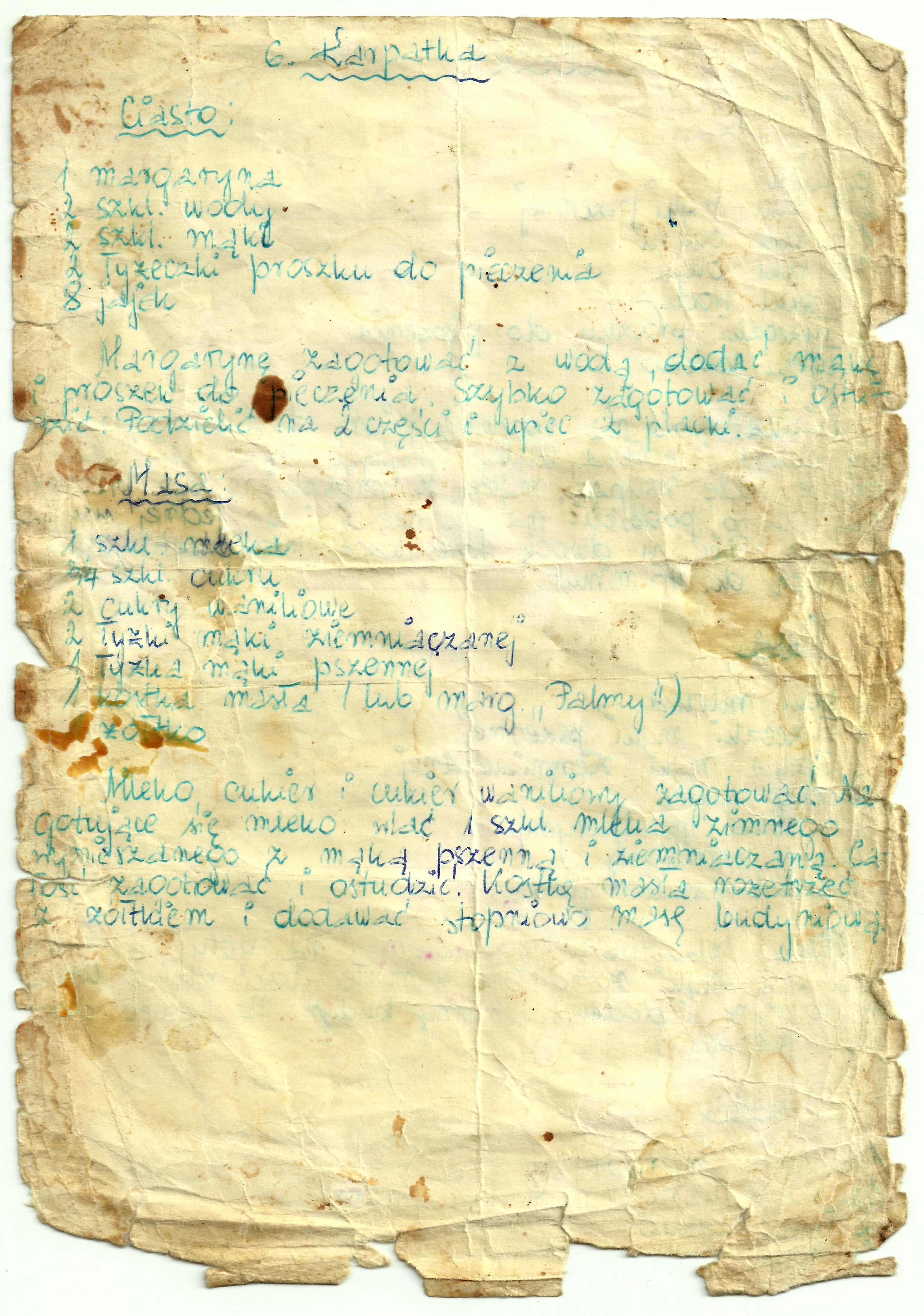 zeskanowany dokument, odręcznie pisany przepis kulinarny