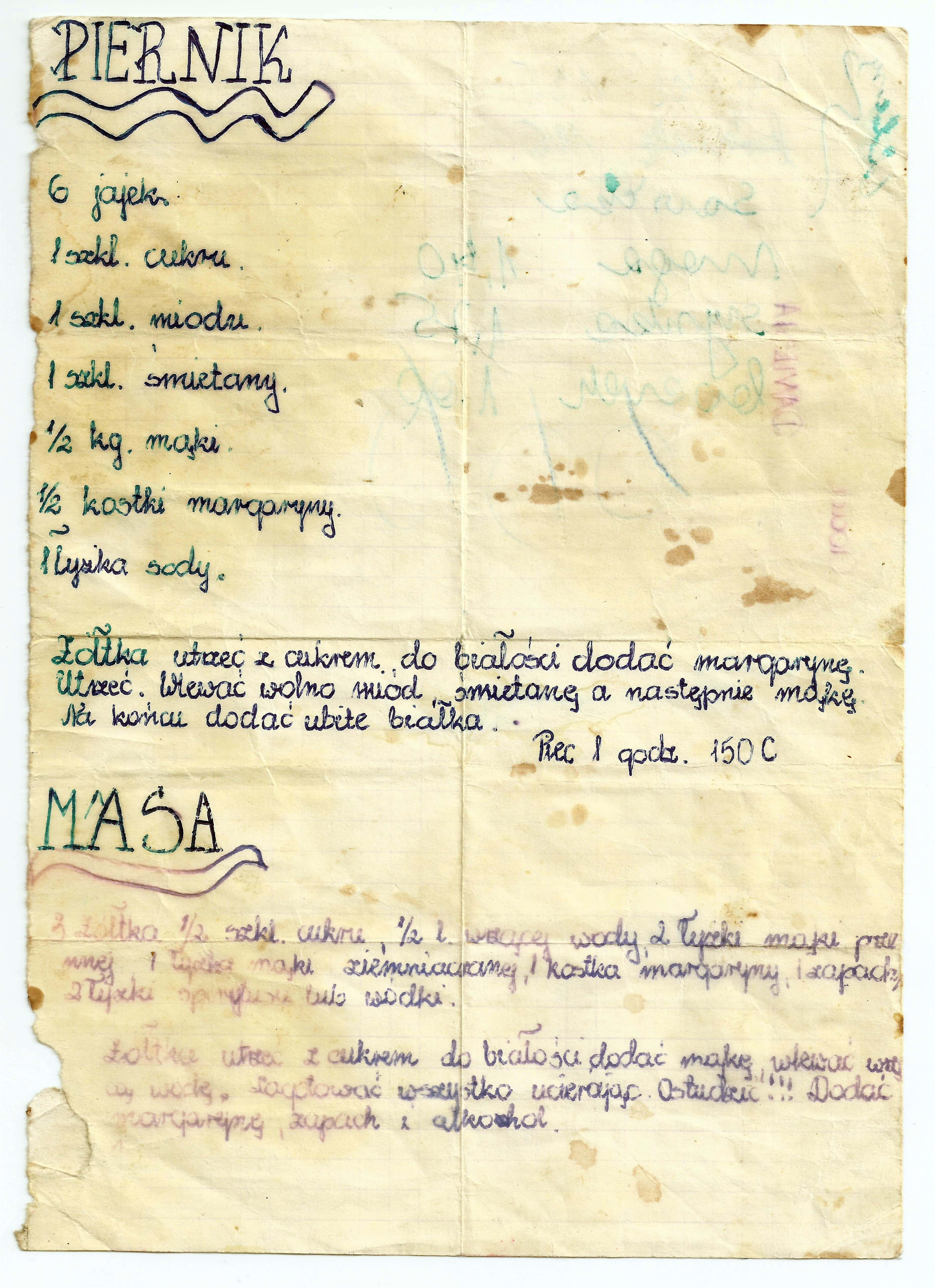 zeskanowany dokument, odręcznie pisany przepis kulinarny