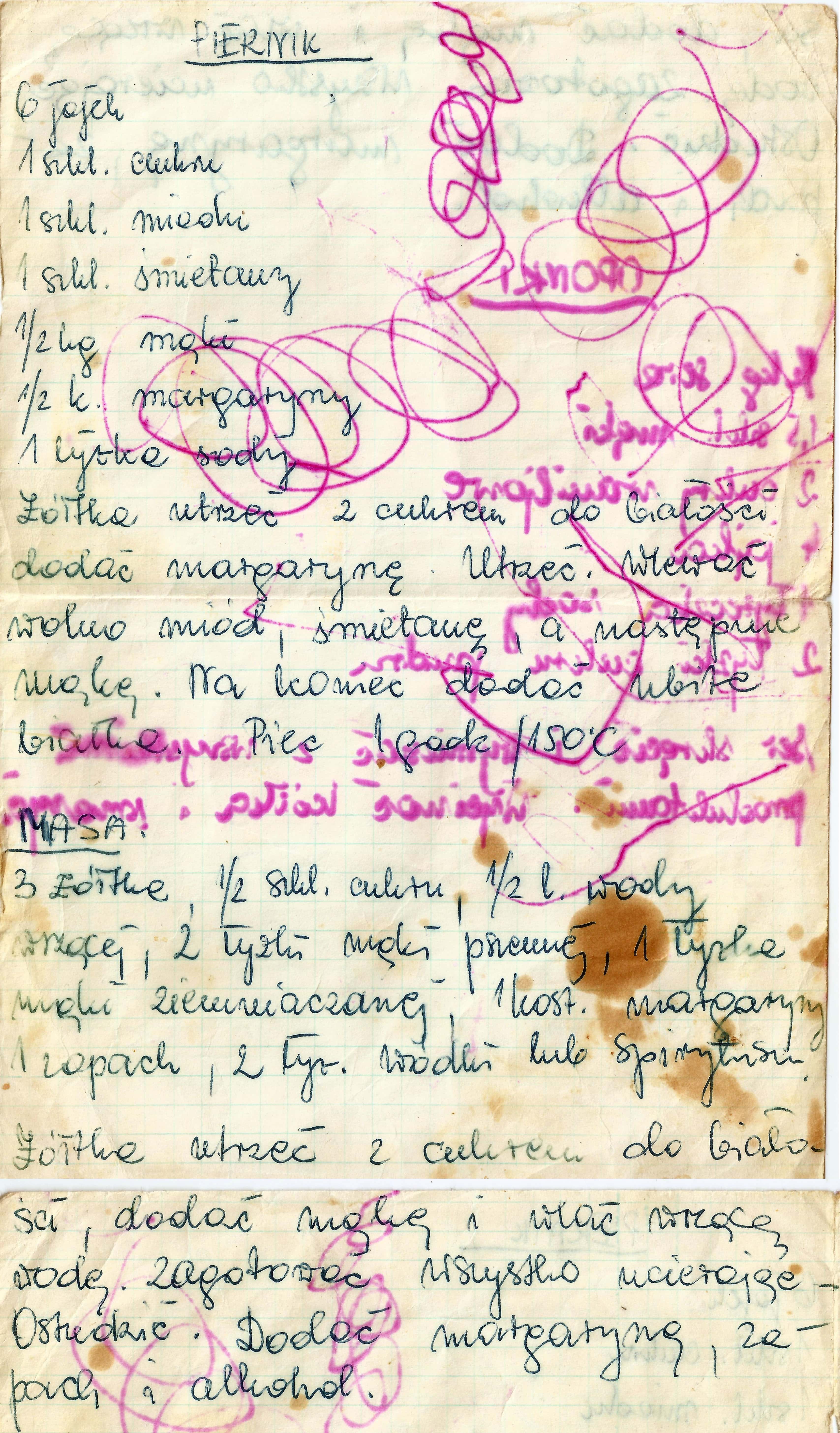 zeskanowany dokument, odręcznie pisany przepis kulinarny