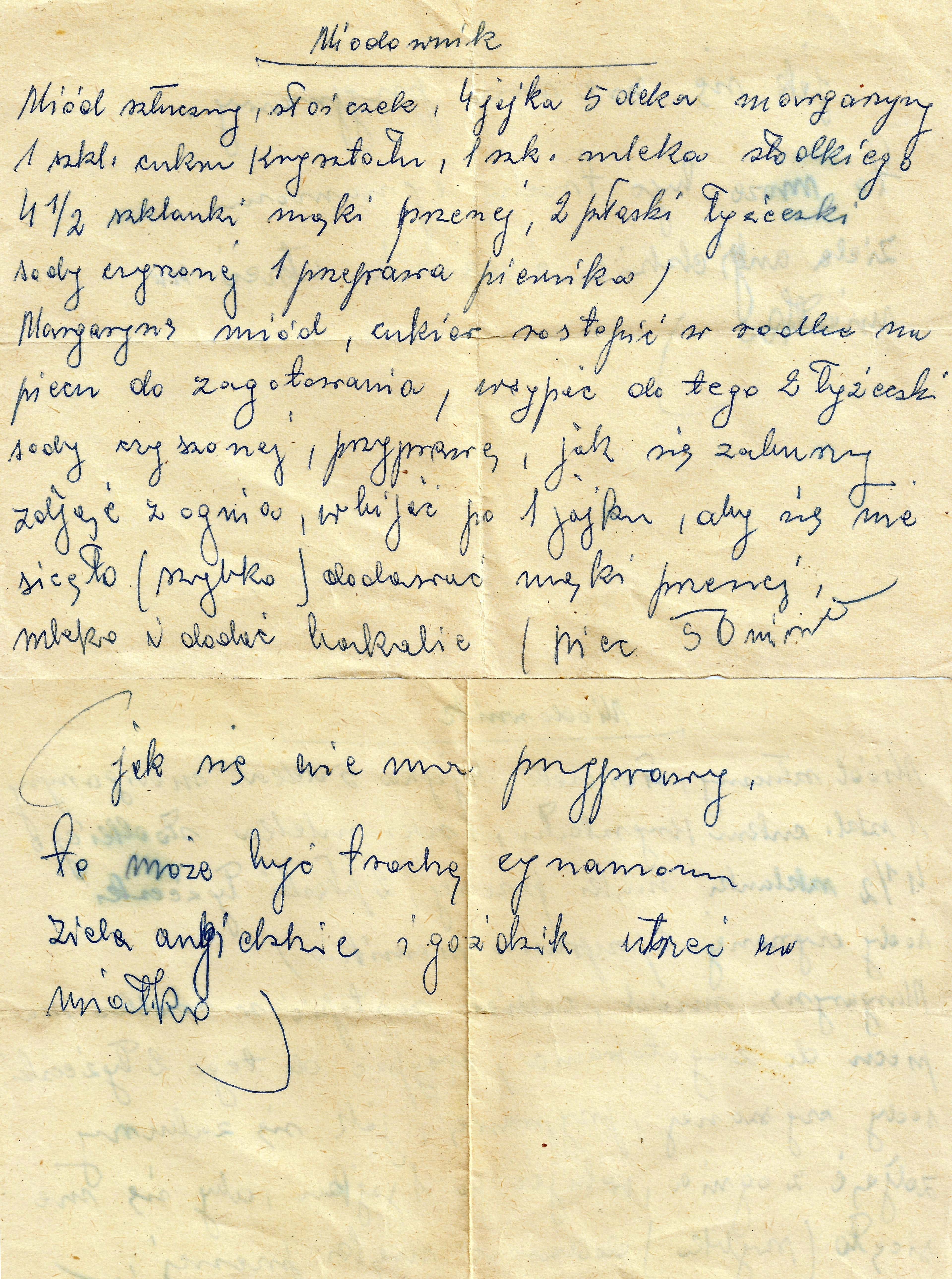 zeskanowany dokument, odręcznie pisany przepis kulinarny