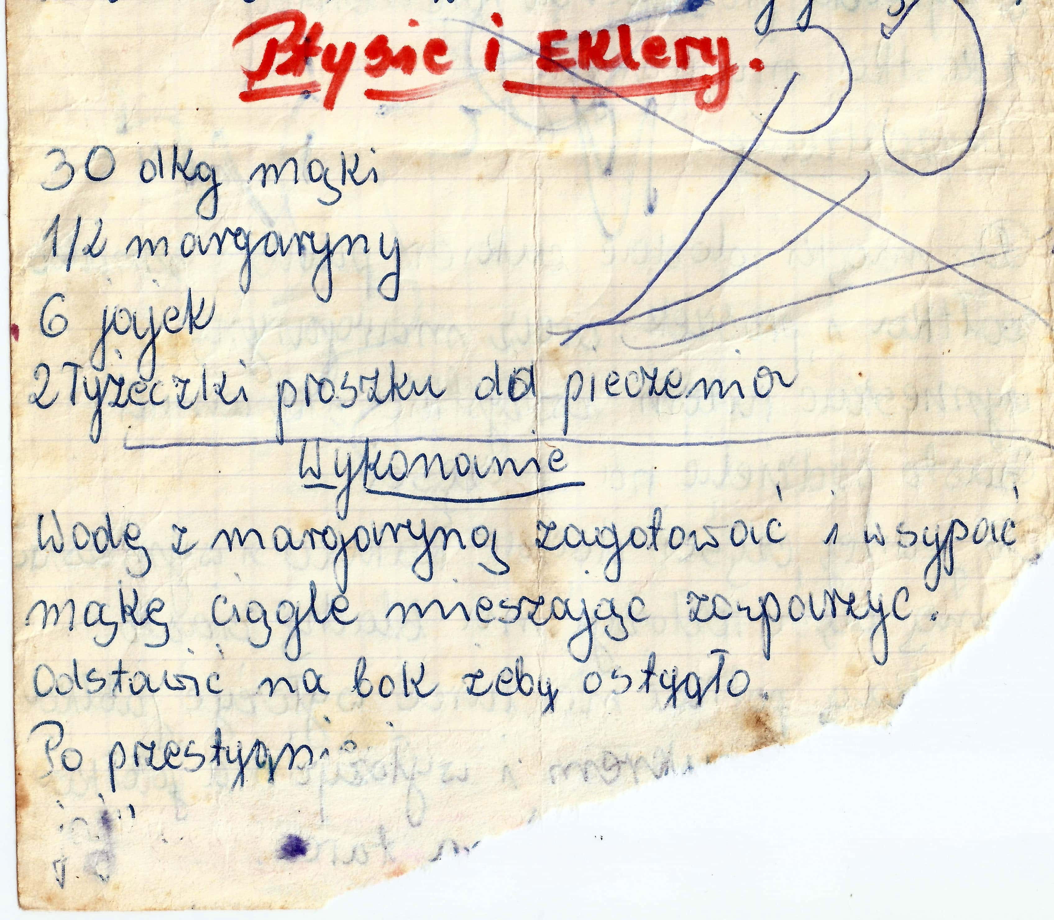 zeskanowany dokument, odręcznie pisany przepis kulinarny