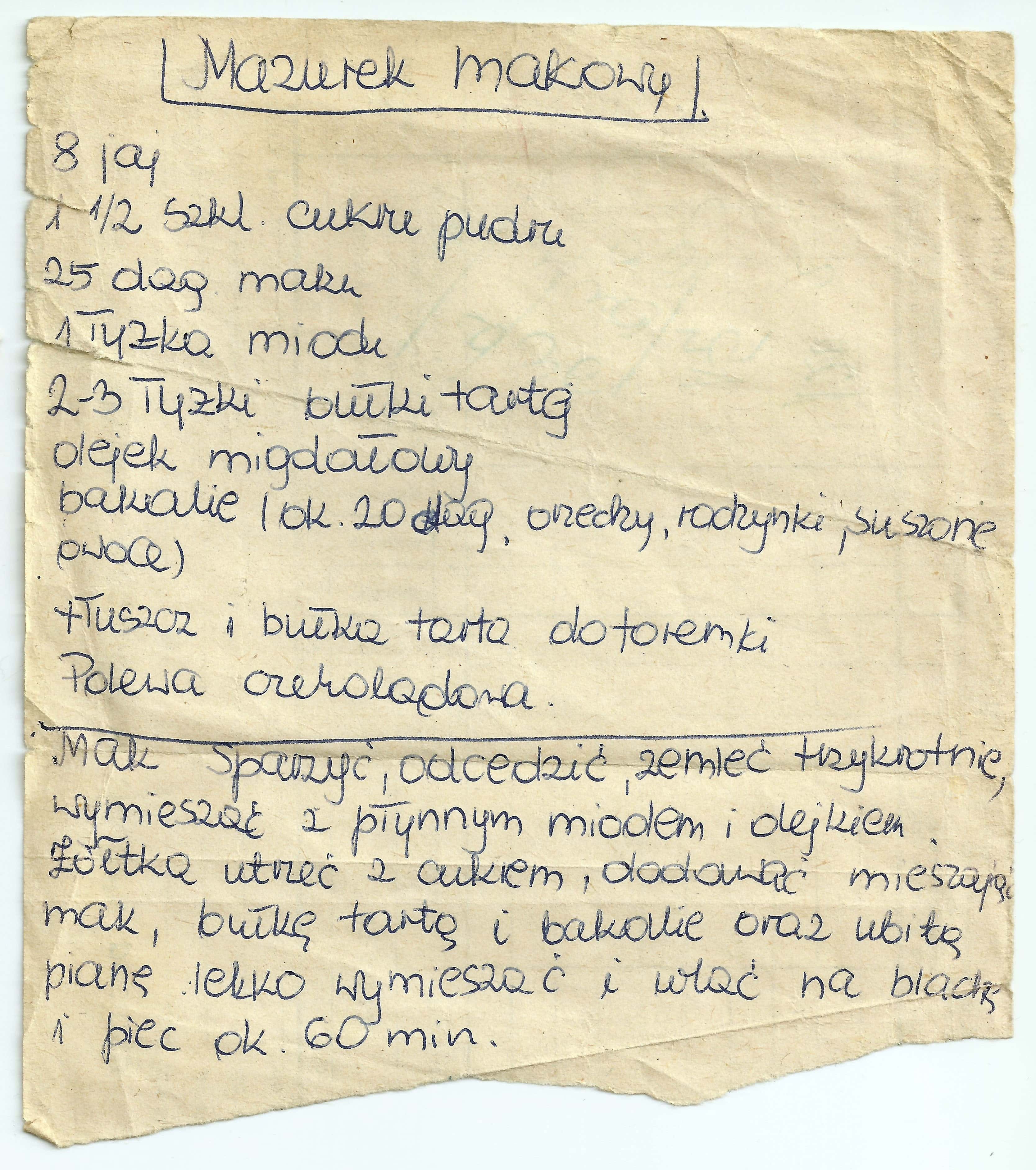 zeskanowany dokument, odręcznie pisany przepis kulinarny