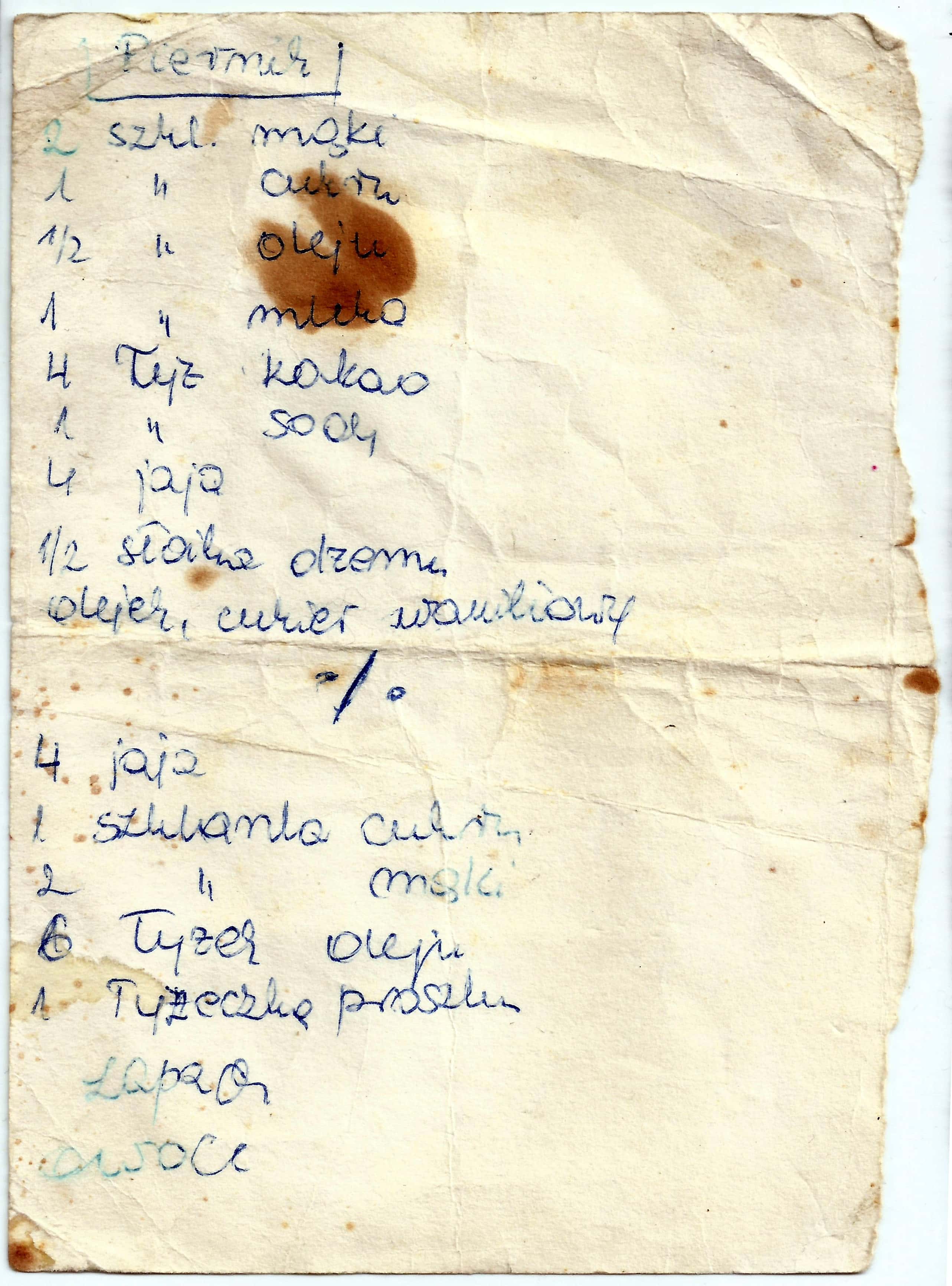 zeskanowany dokument, odręcznie pisany przepis kulinarny