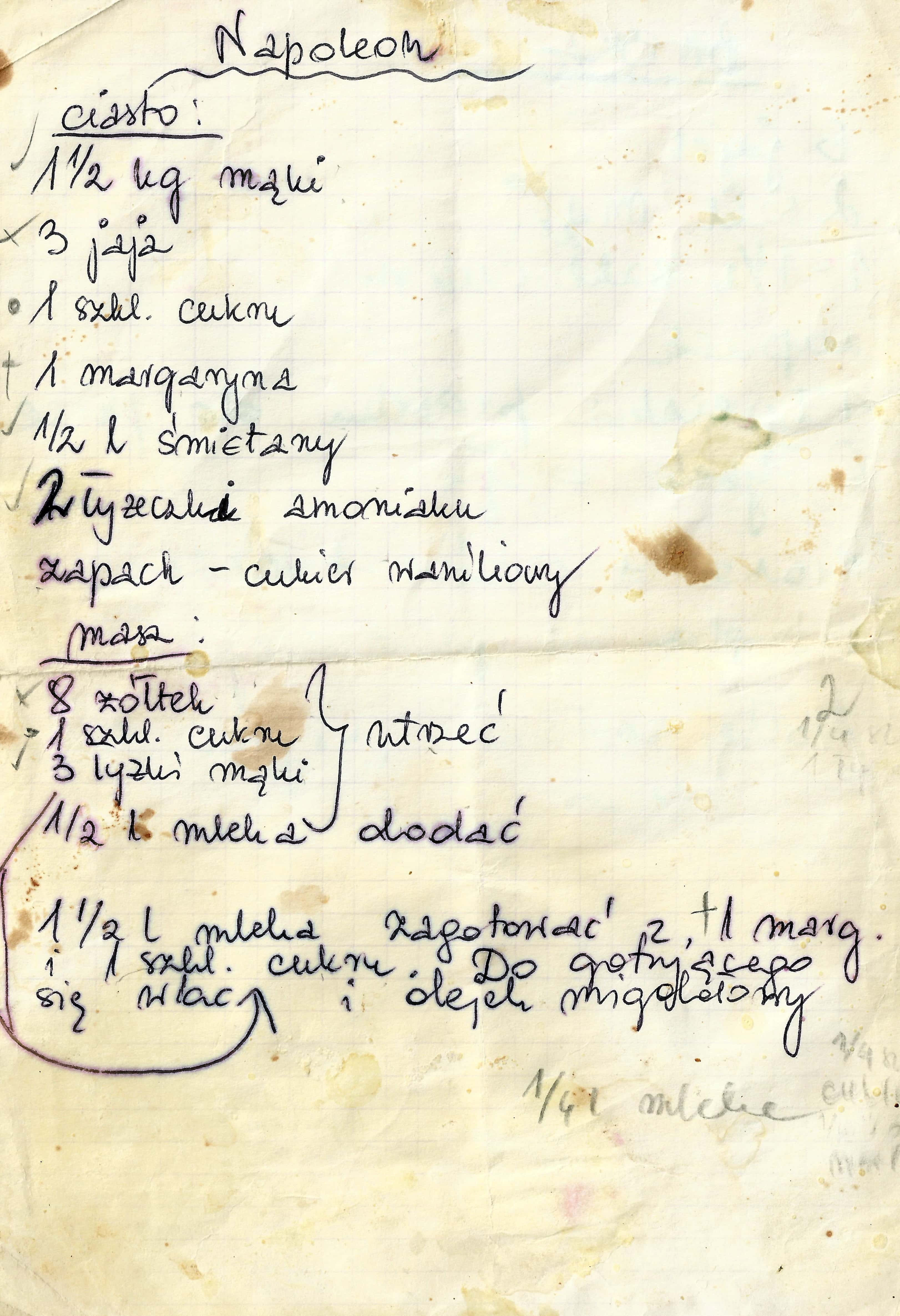 zeskanowany dokument, odręcznie pisany przepis kulinarny