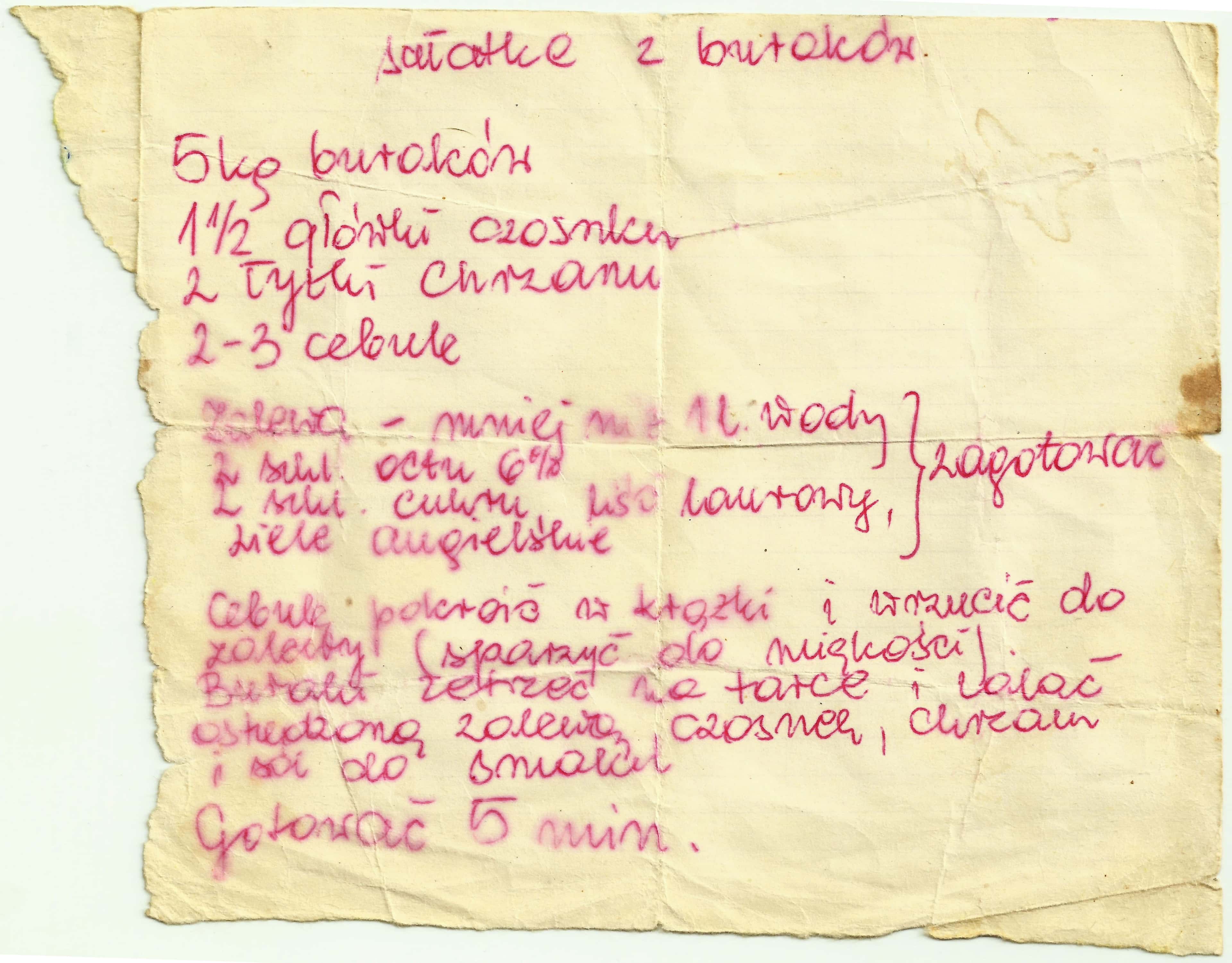 zeskanowany dokument, odręcznie pisany przepis kulinarny