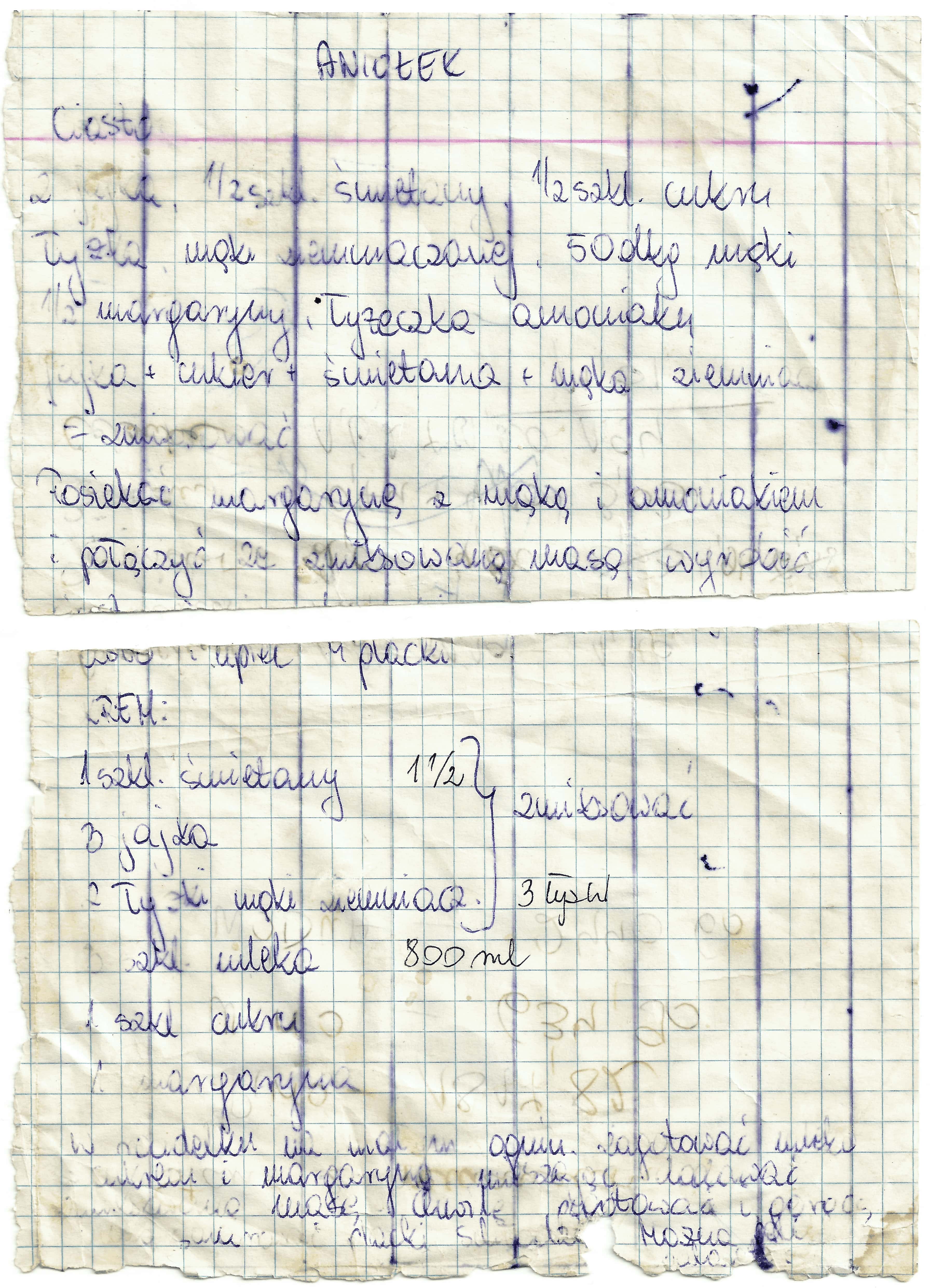 zeskanowany dokument, odręcznie pisany przepis kulinarny