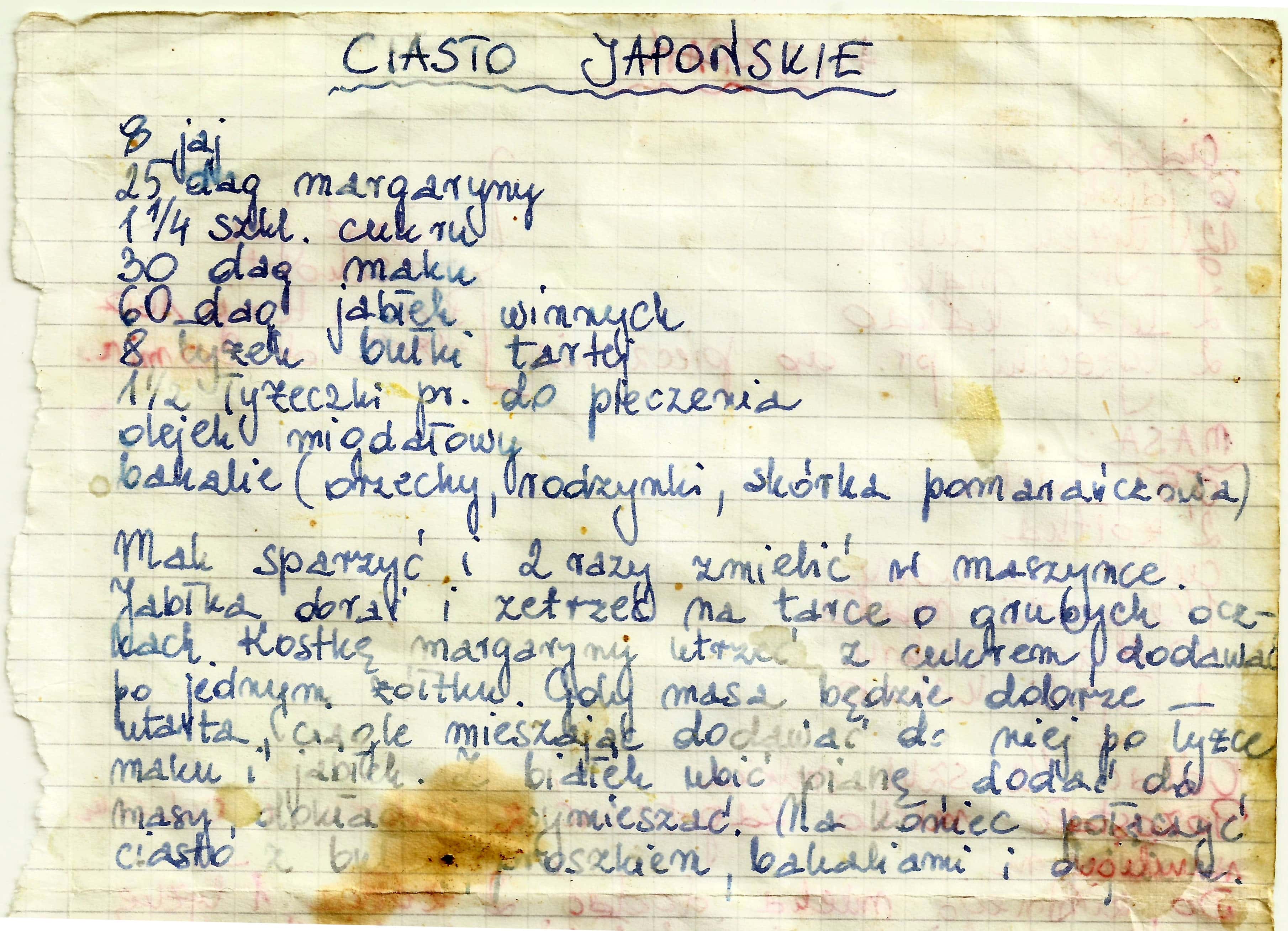 zeskanowany dokument, odręcznie pisany przepis kulinarny