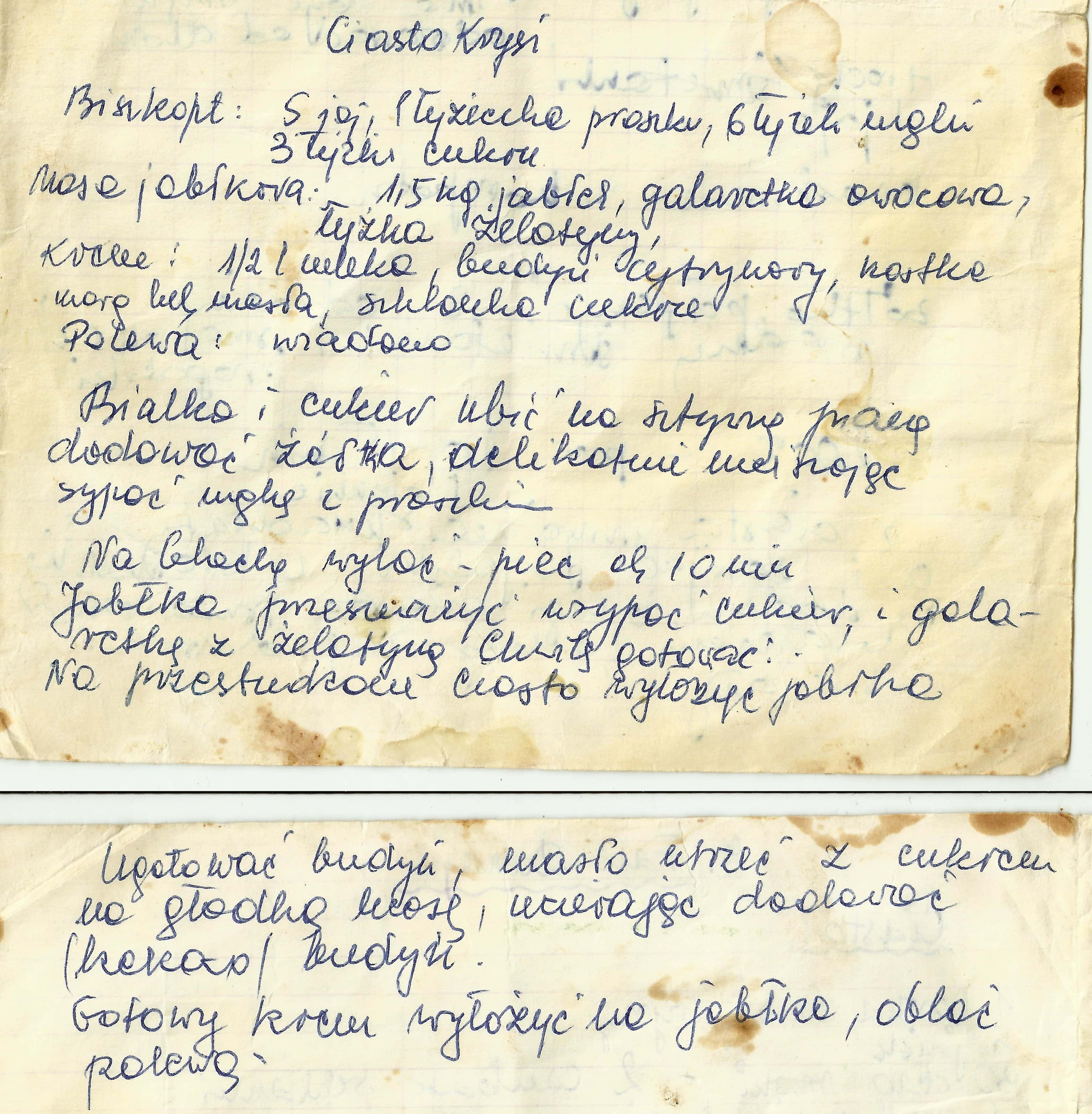 zeskanowany dokument, odręcznie pisany przepis kulinarny