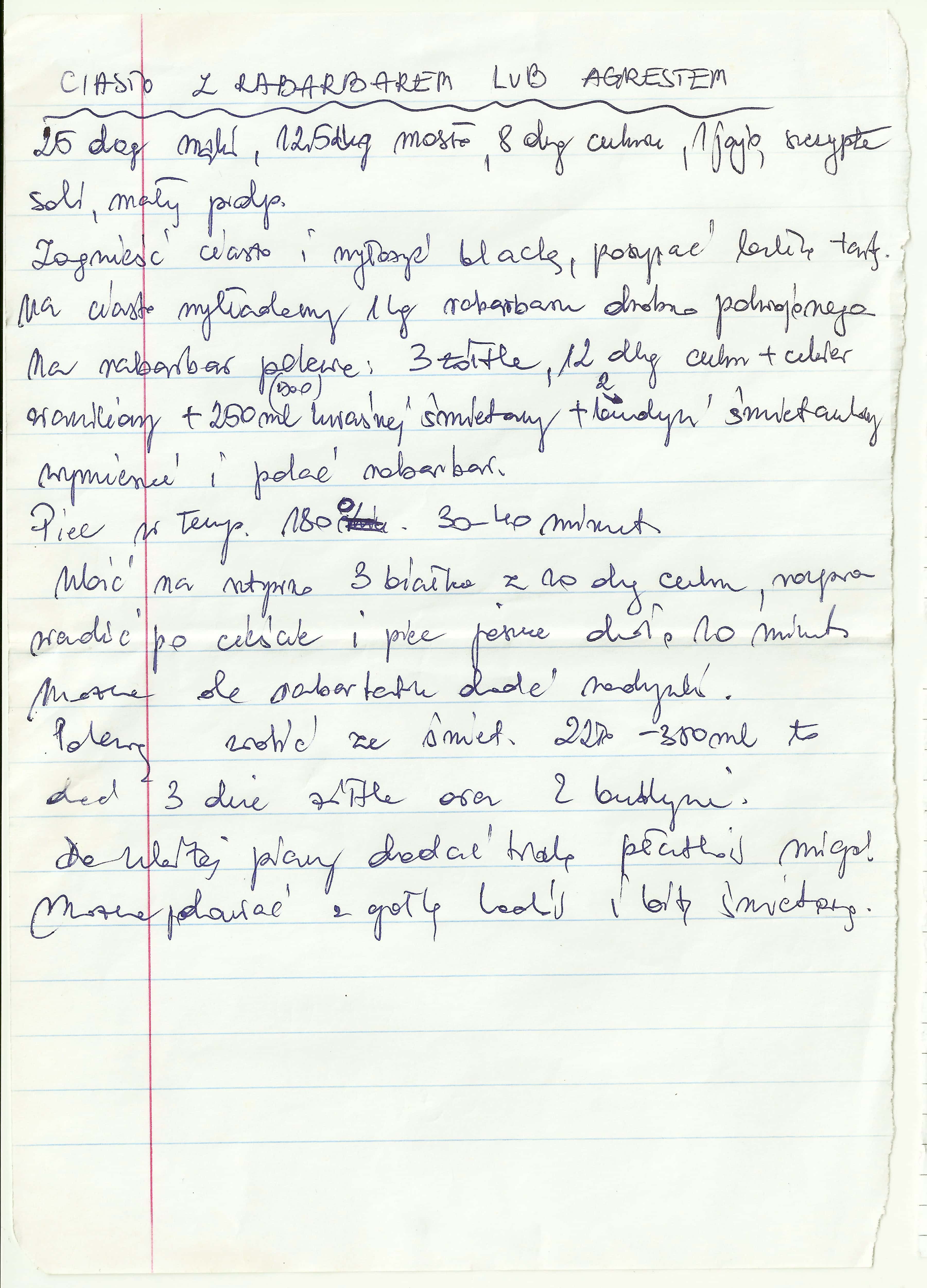 zeskanowany dokument, odręcznie pisany przepis kulinarny