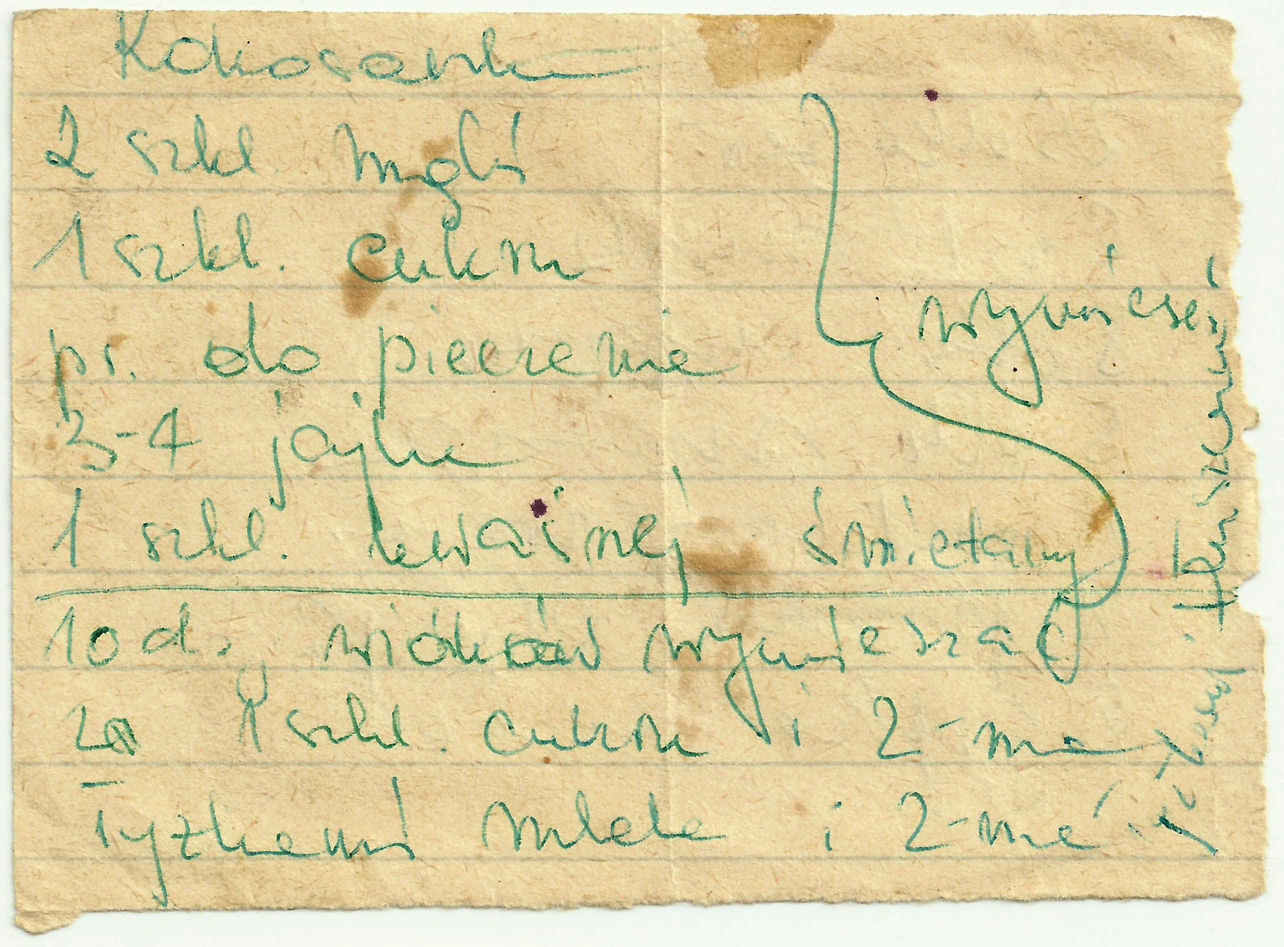 zeskanowany dokument, odręcznie pisany przepis kulinarny