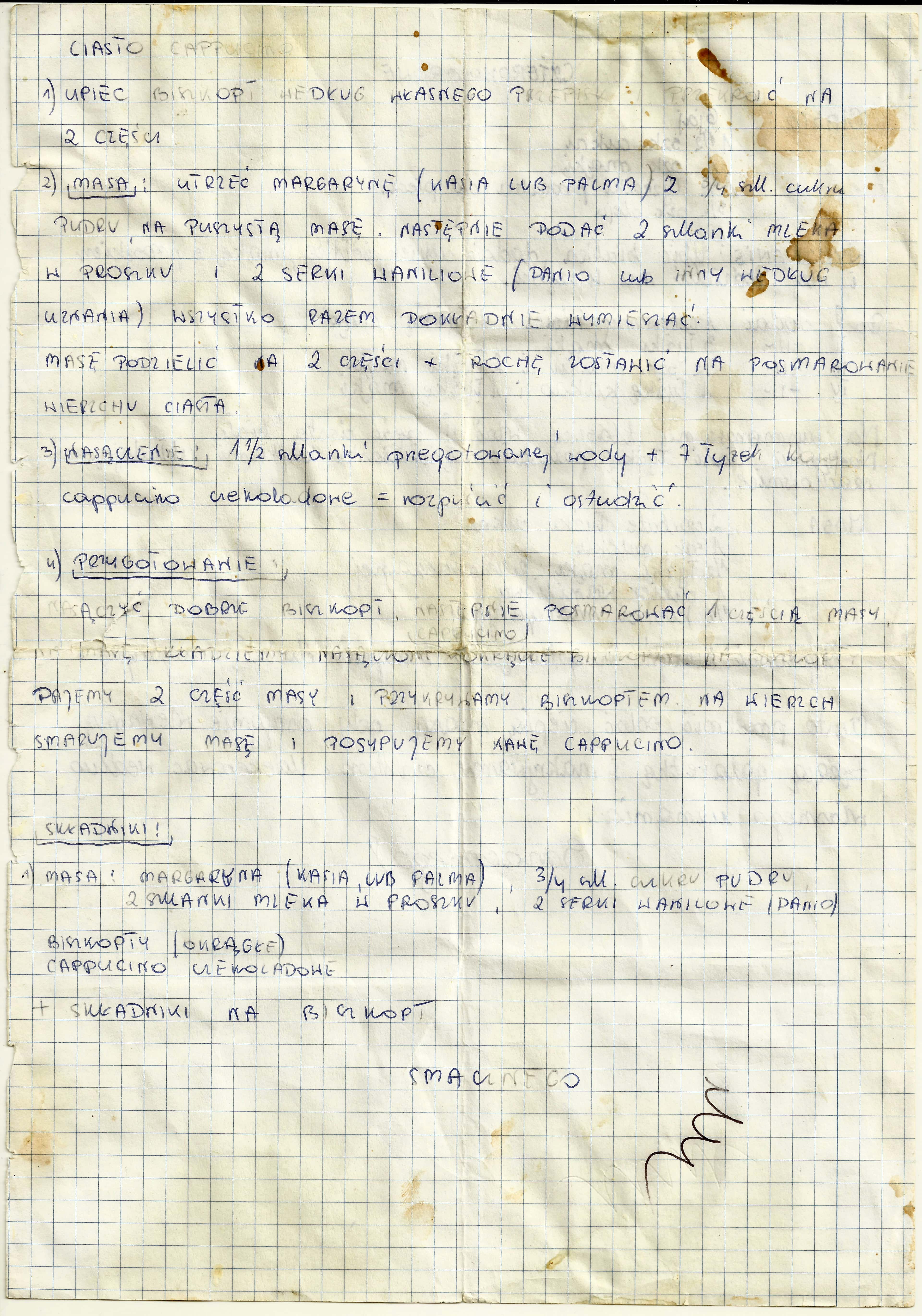 zeskanowany dokument, odręcznie pisany przepis kulinarny