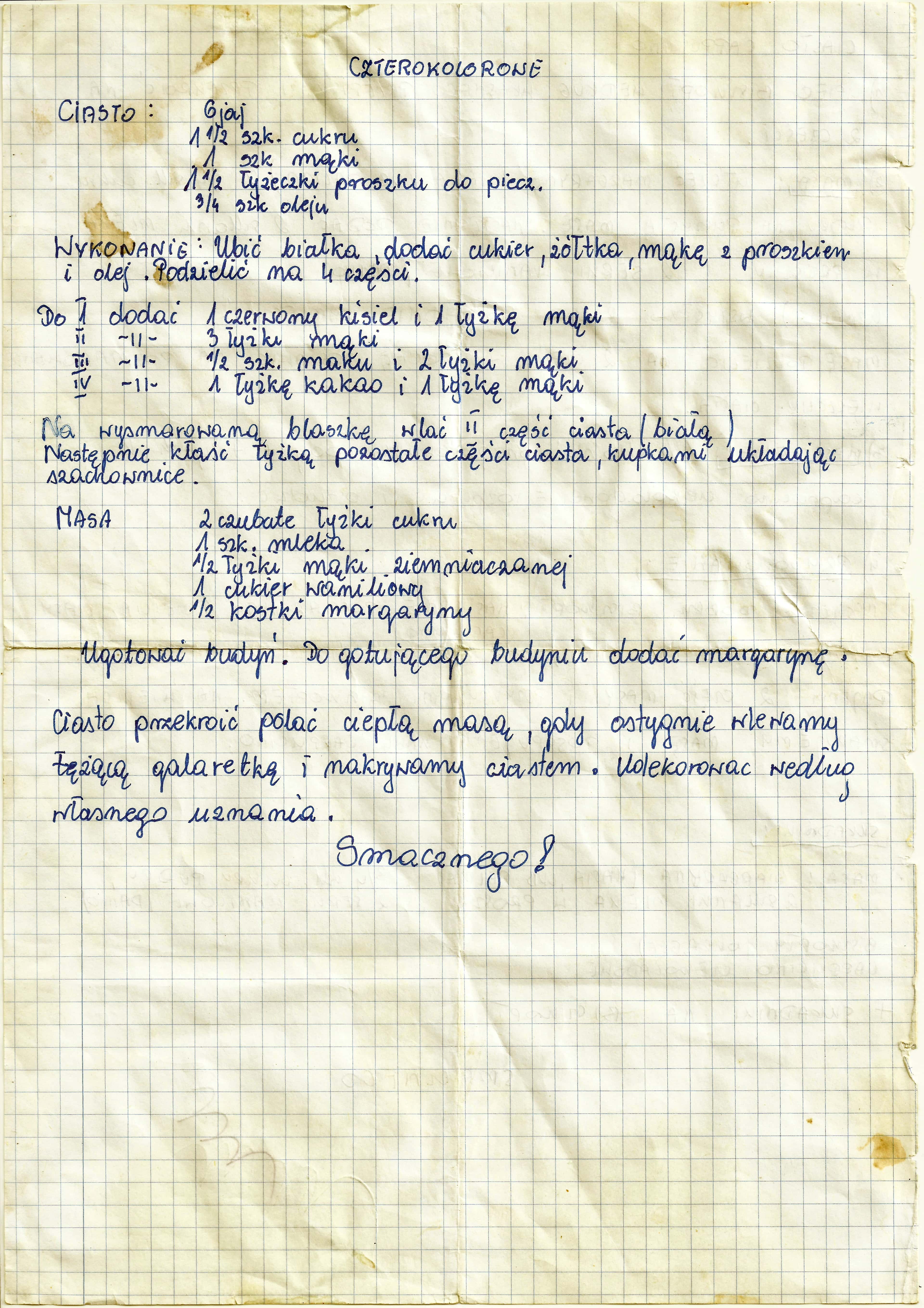 zeskanowany dokument, odręcznie pisany przepis kulinarny