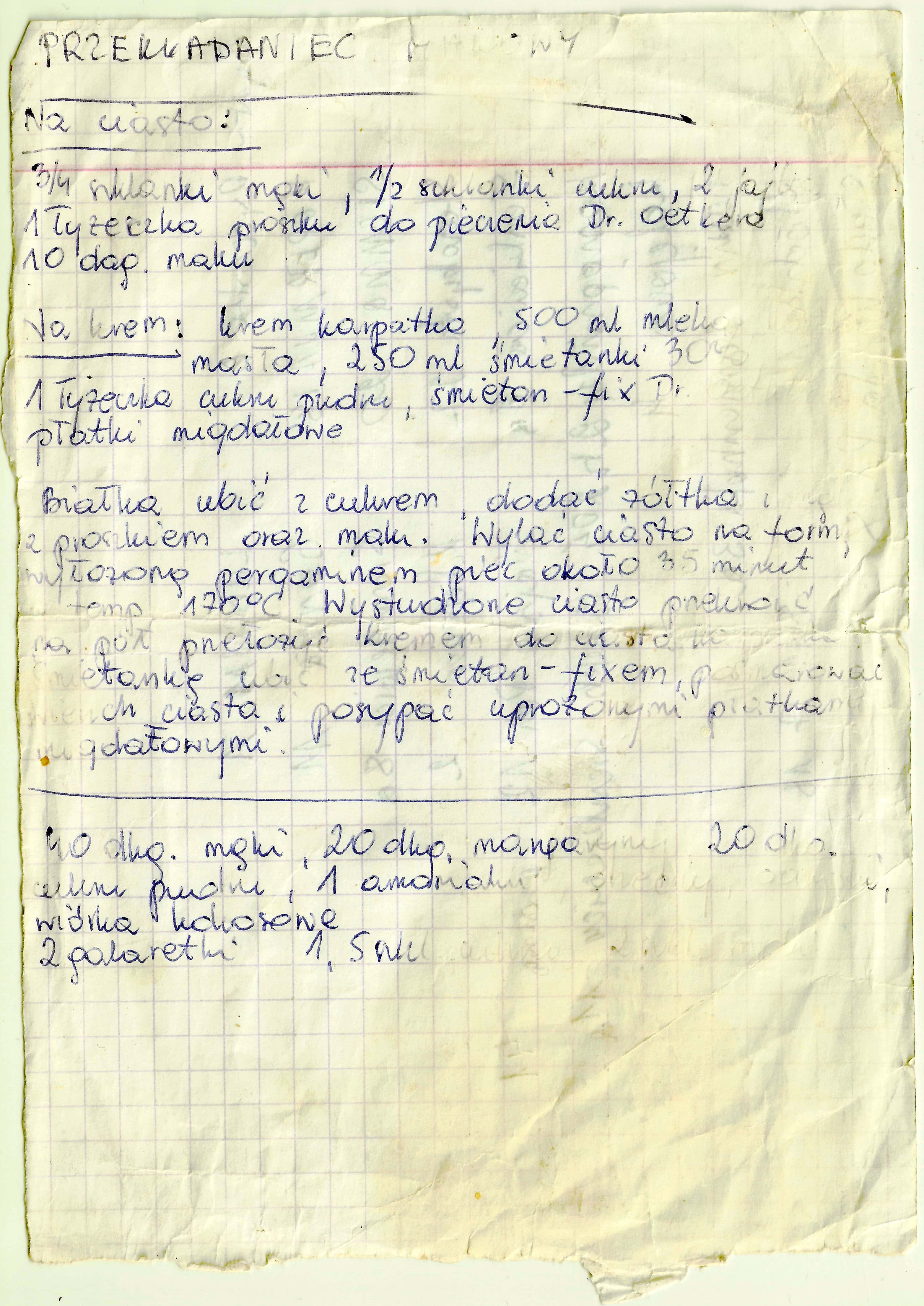 zeskanowany dokument, odręcznie pisany przepis kulinarny