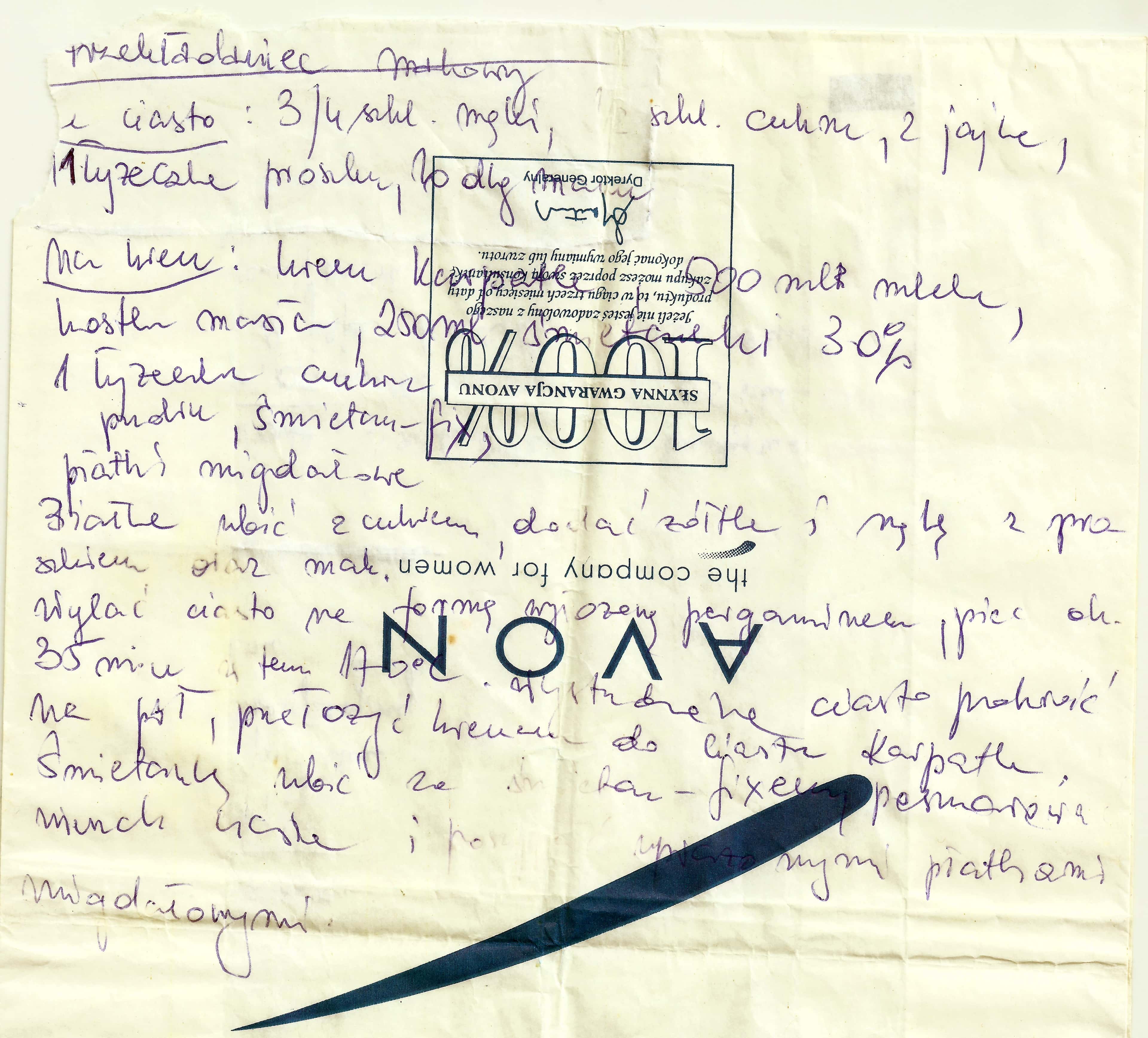 zeskanowany dokument, odręcznie pisany przepis kulinarny