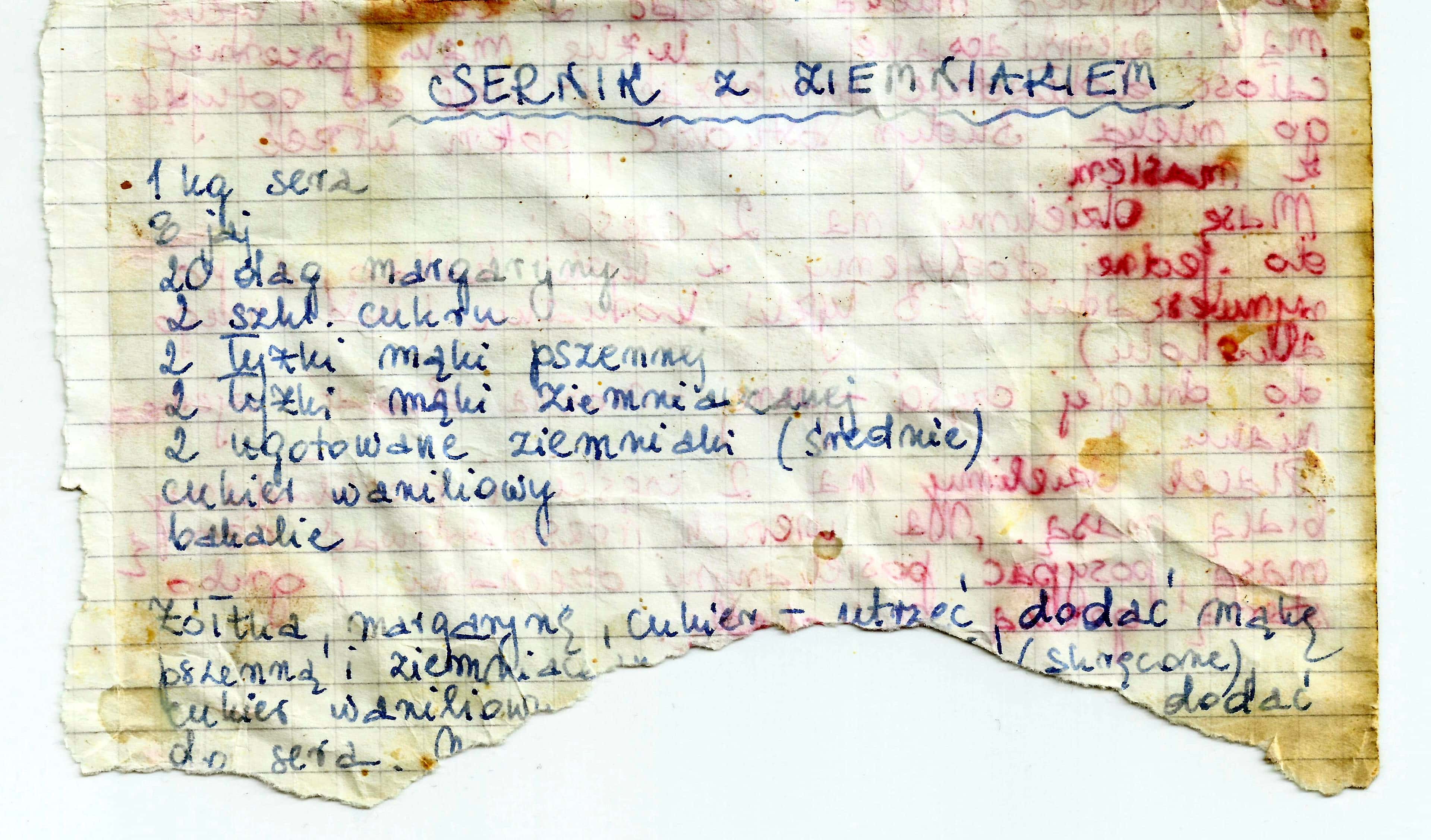 zeskanowany dokument, odręcznie pisany przepis kulinarny