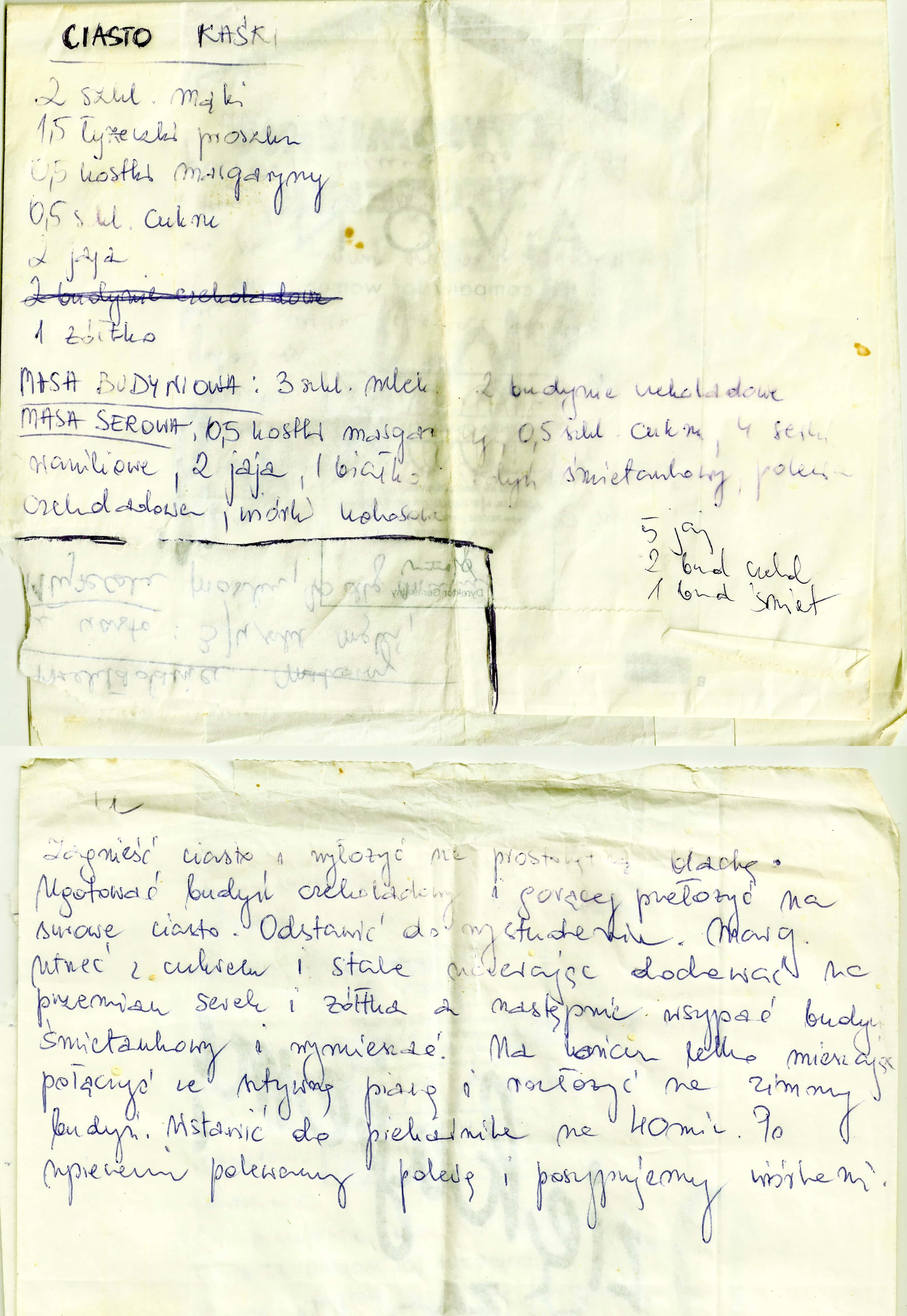 zeskanowany dokument, odręcznie pisany przepis kulinarny