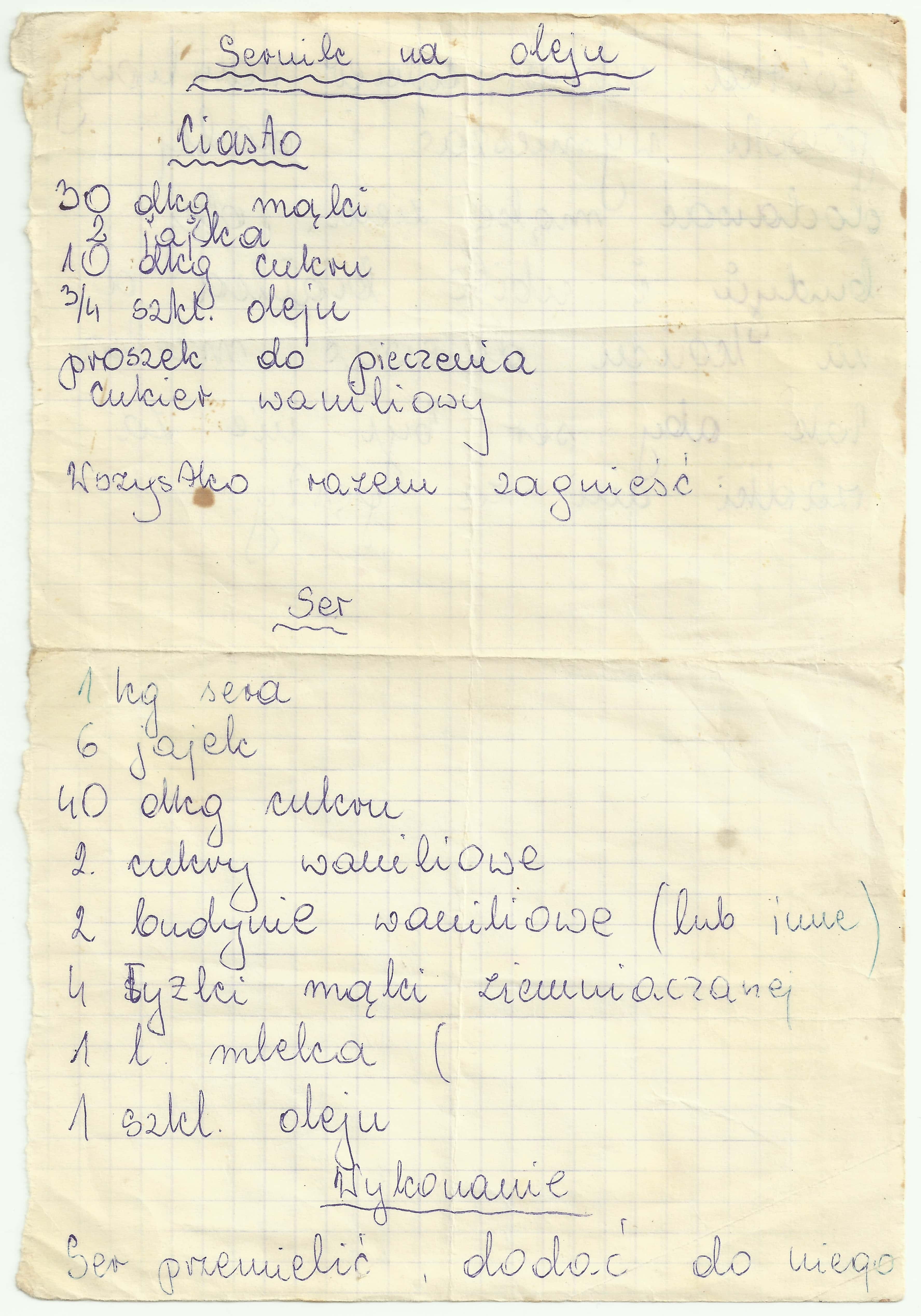 zeskanowany dokument, odręcznie pisany przepis kulinarny