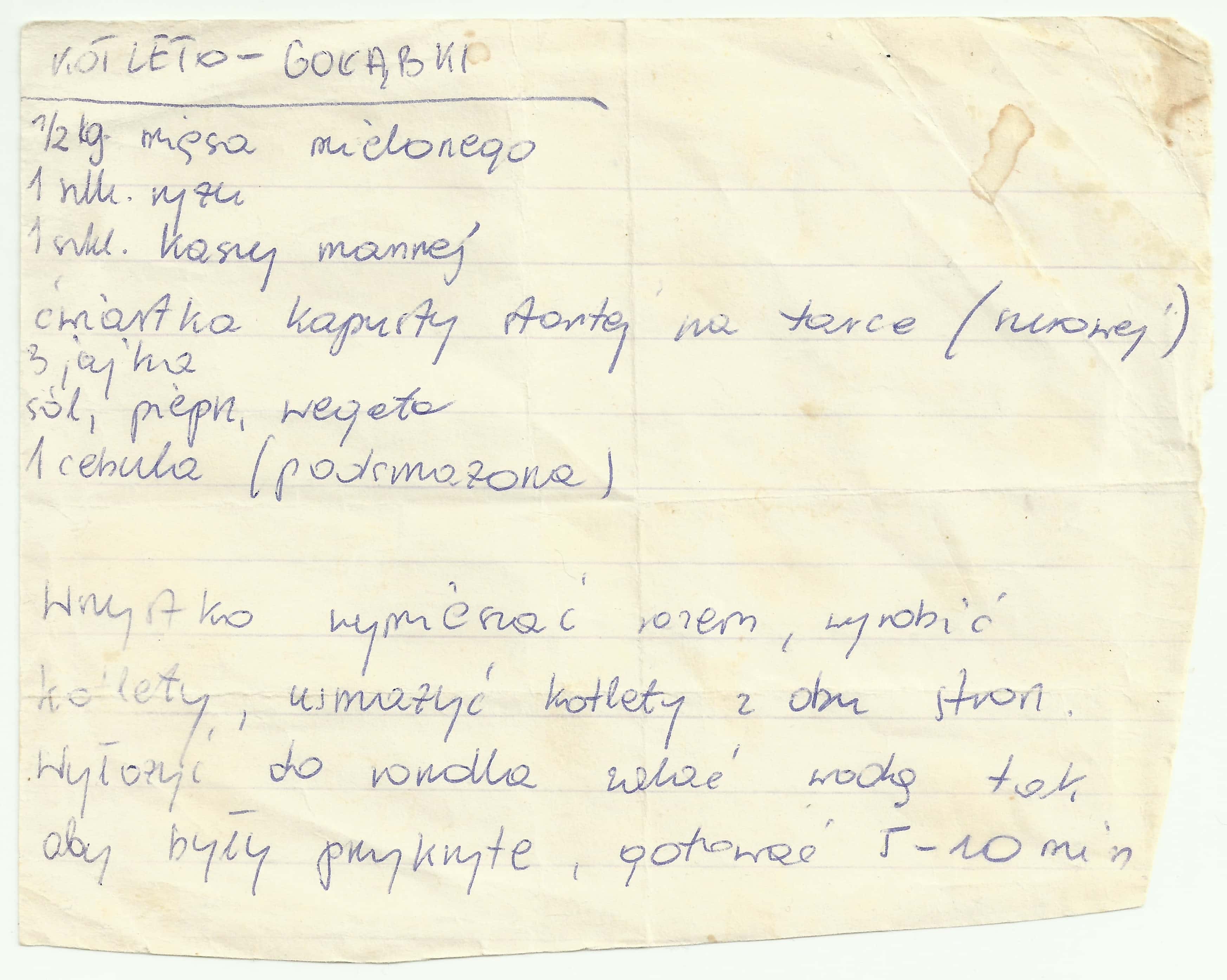 zeskanowany dokument, odręcznie pisany przepis kulinarny