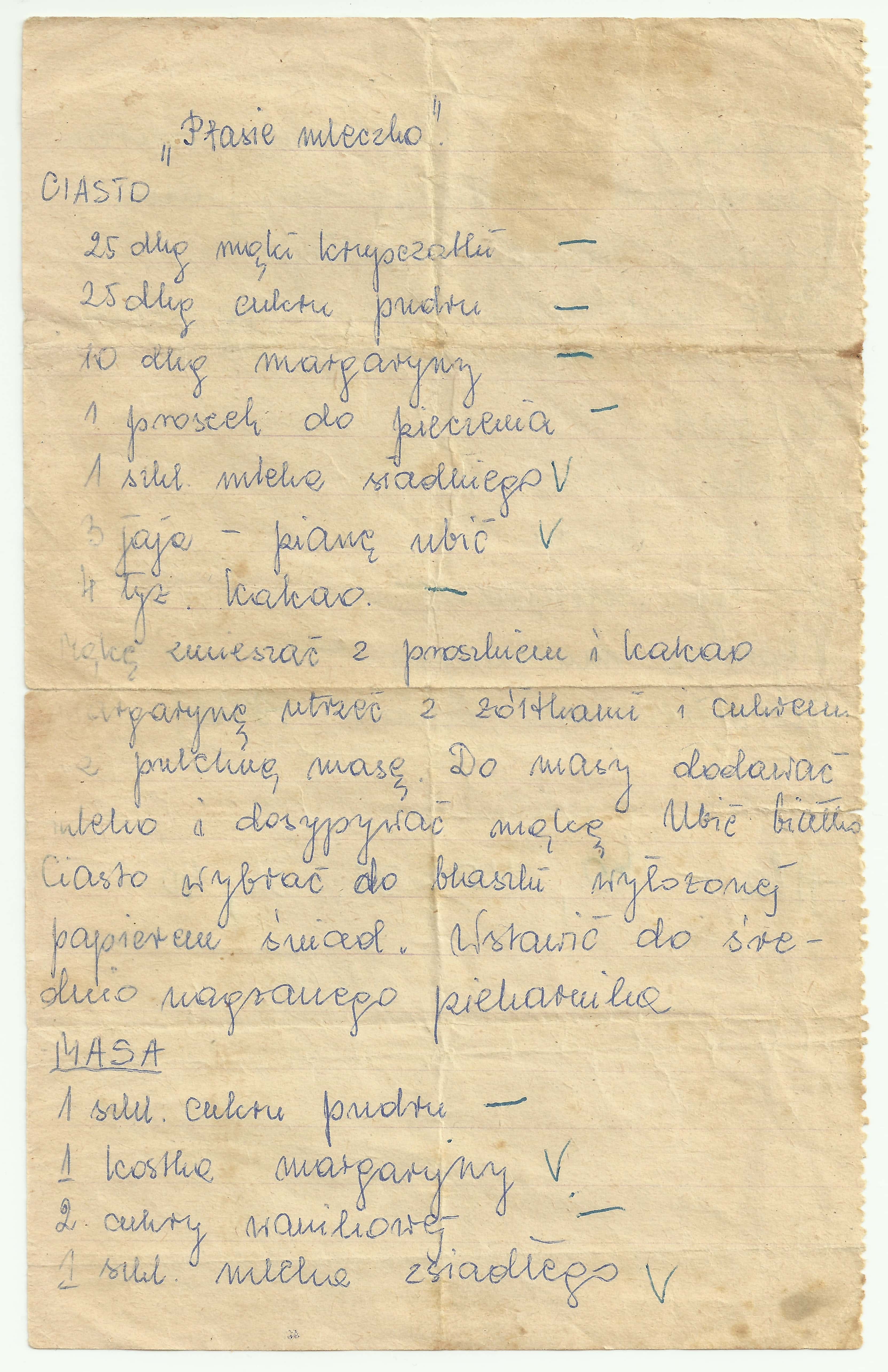 zeskanowany dokument, odręcznie pisany przepis kulinarny