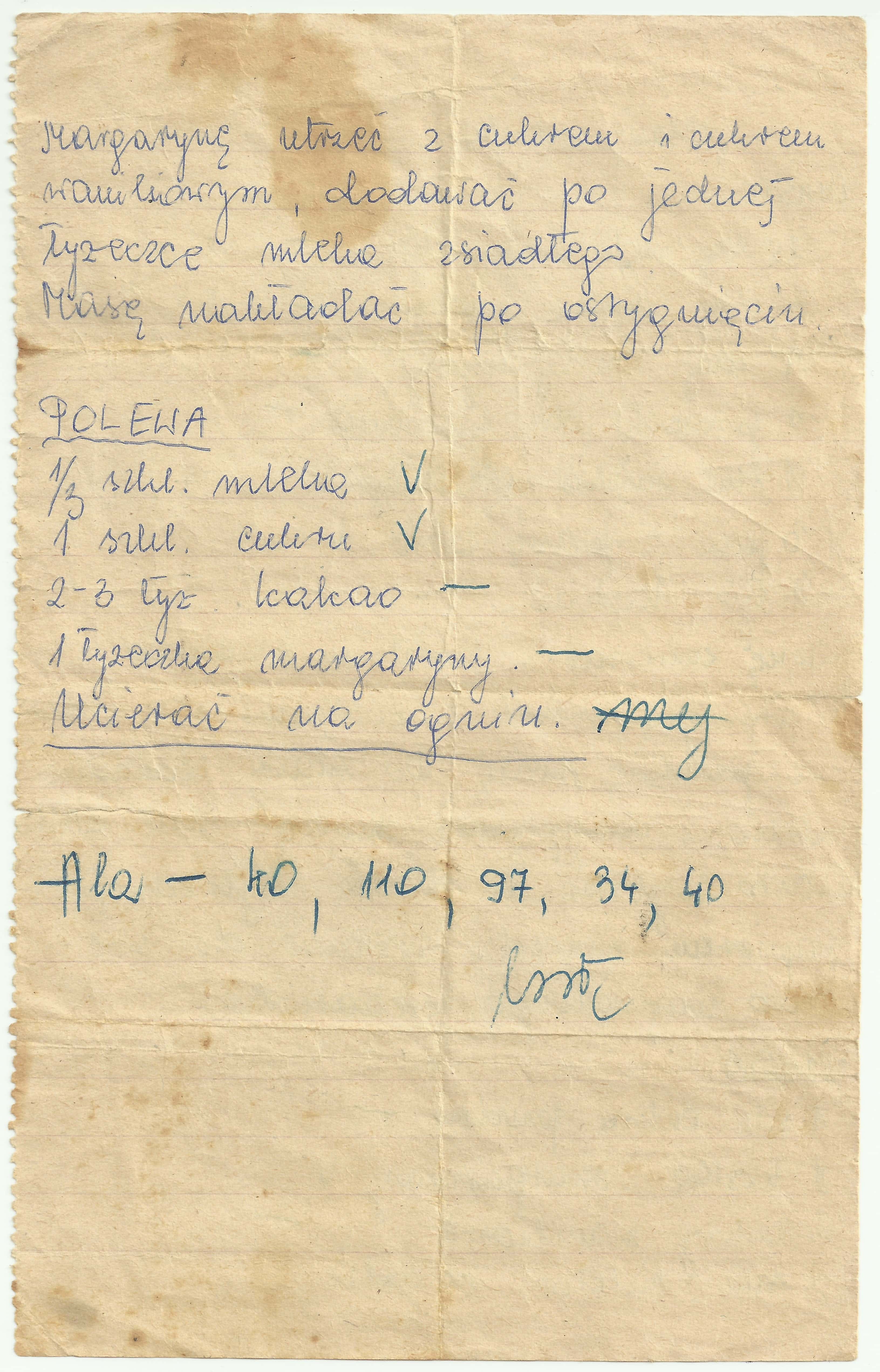 zeskanowany dokument, odręcznie pisany przepis kulinarny