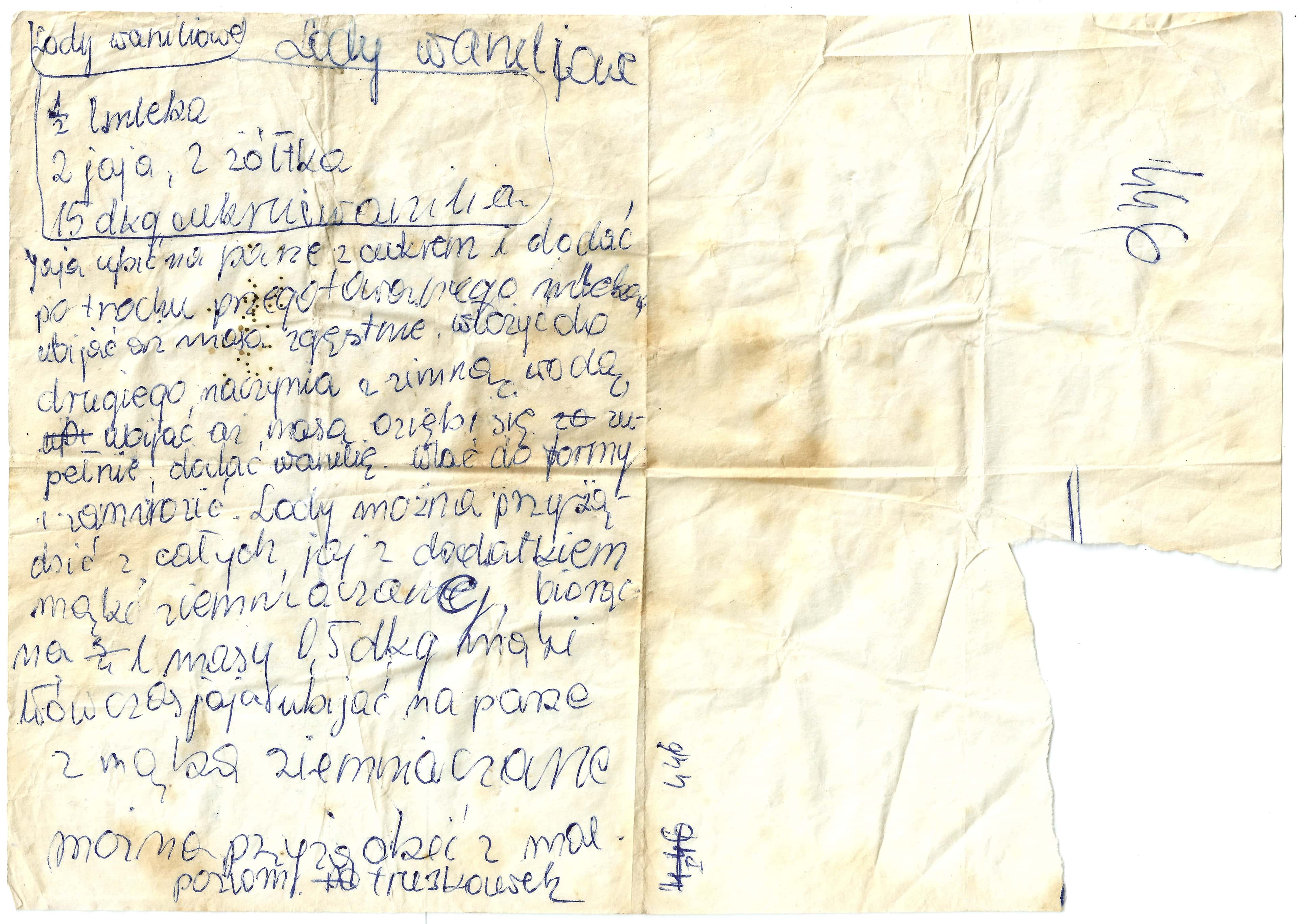 zeskanowany dokument, odręcznie pisany przepis kulinarny