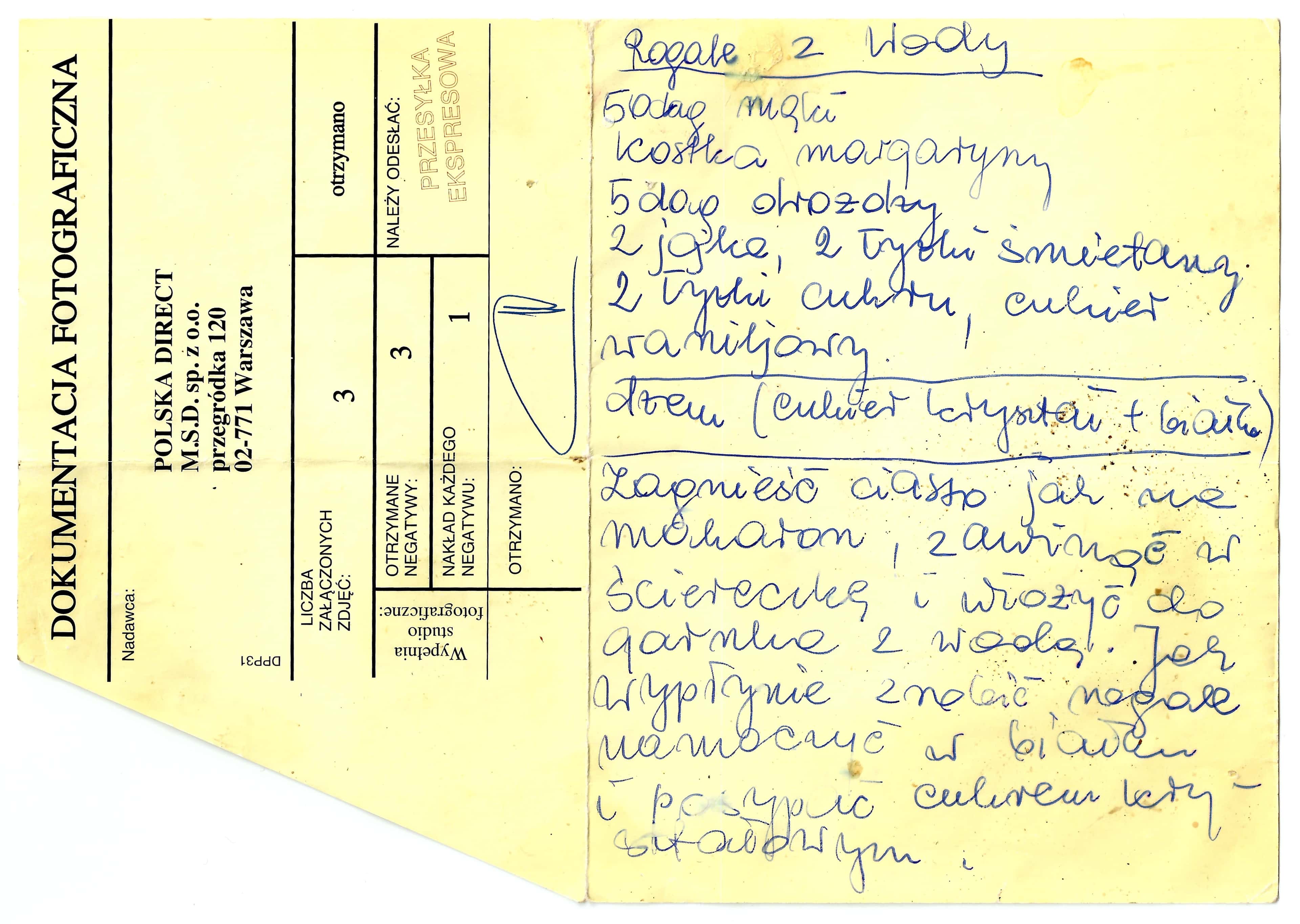 zeskanowany dokument, odręcznie pisany przepis kulinarny