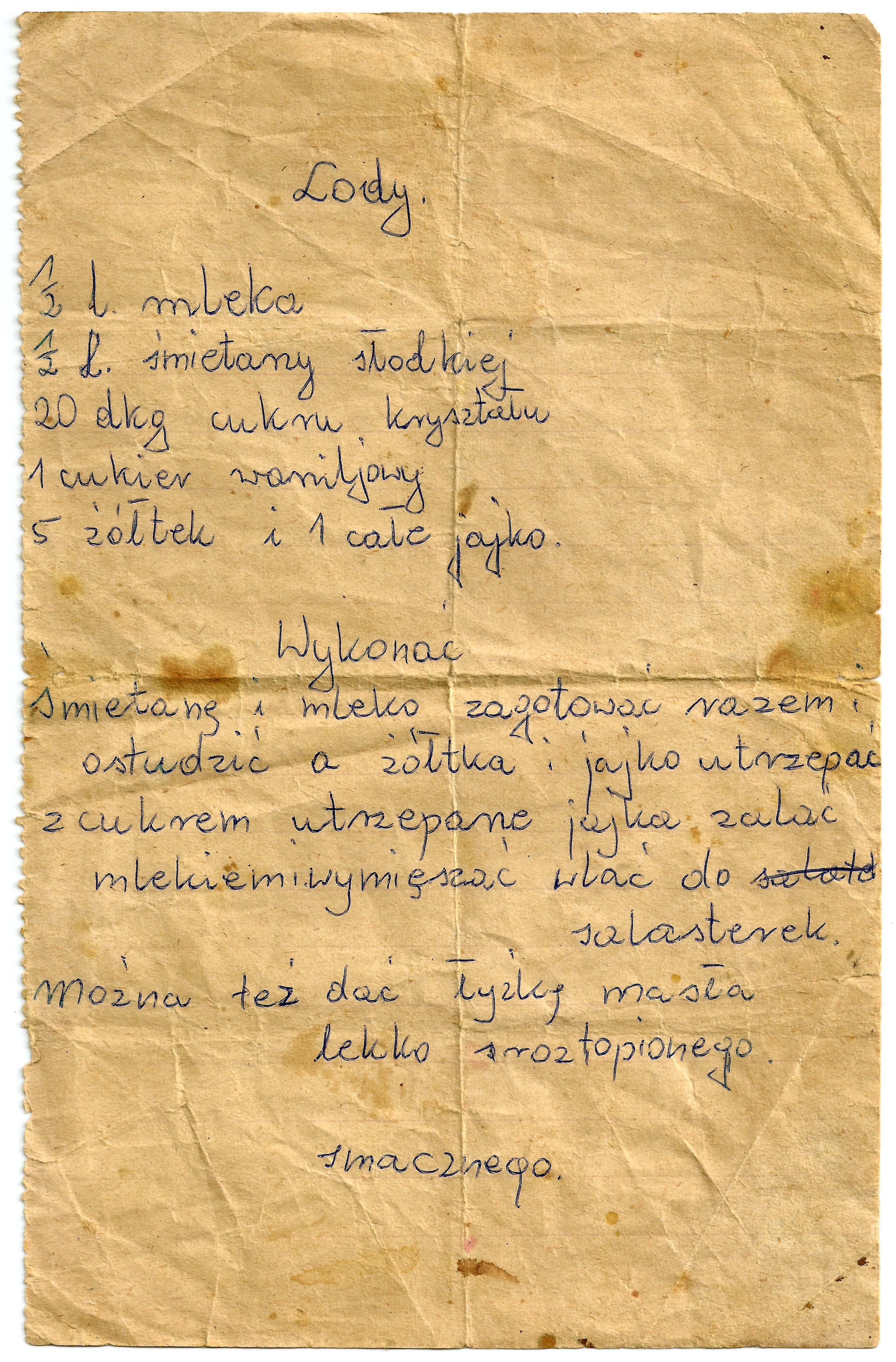 zeskanowany dokument, odręcznie pisany przepis kulinarny