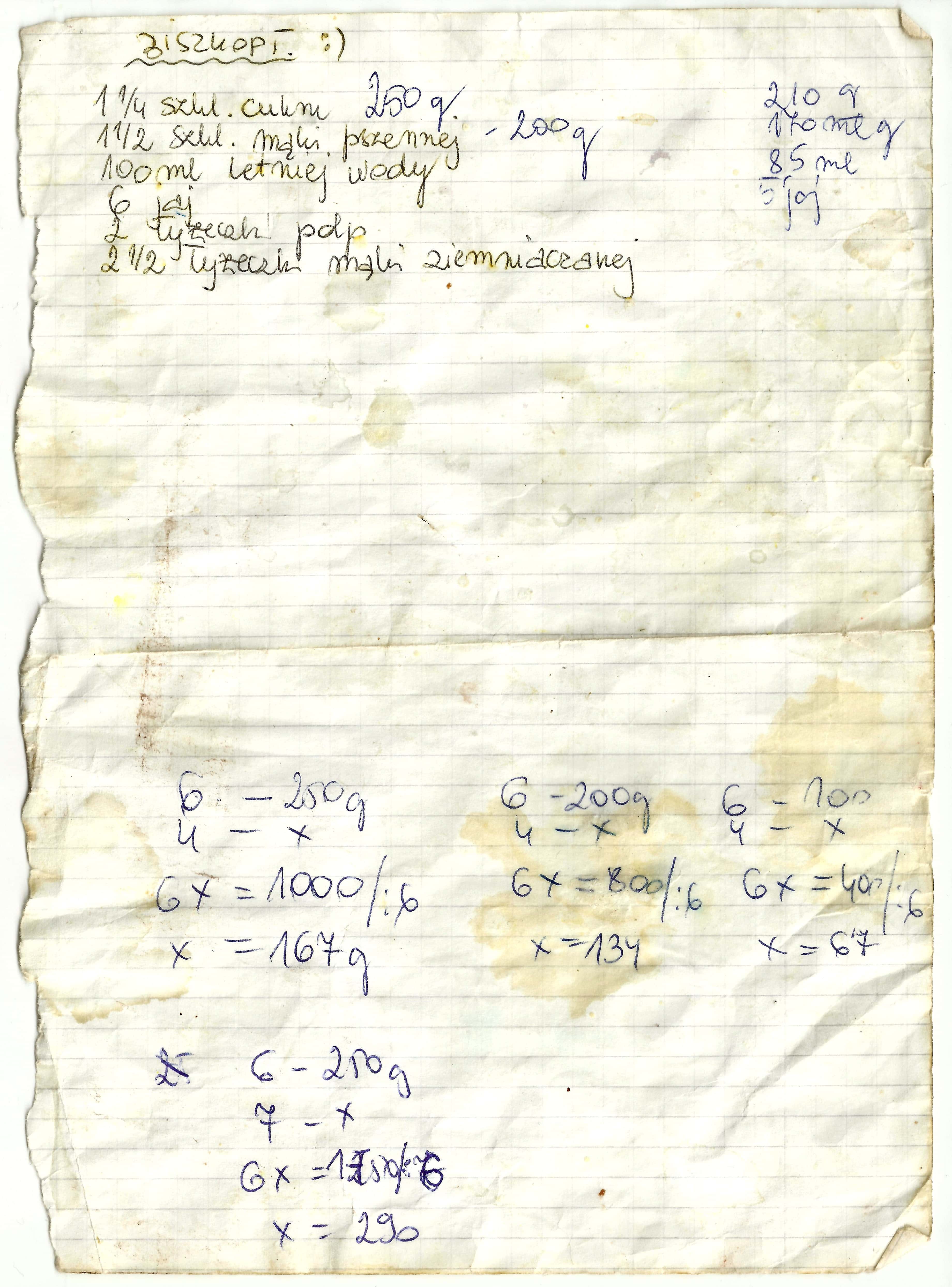 zeskanowany dokument, odręcznie pisany przepis kulinarny