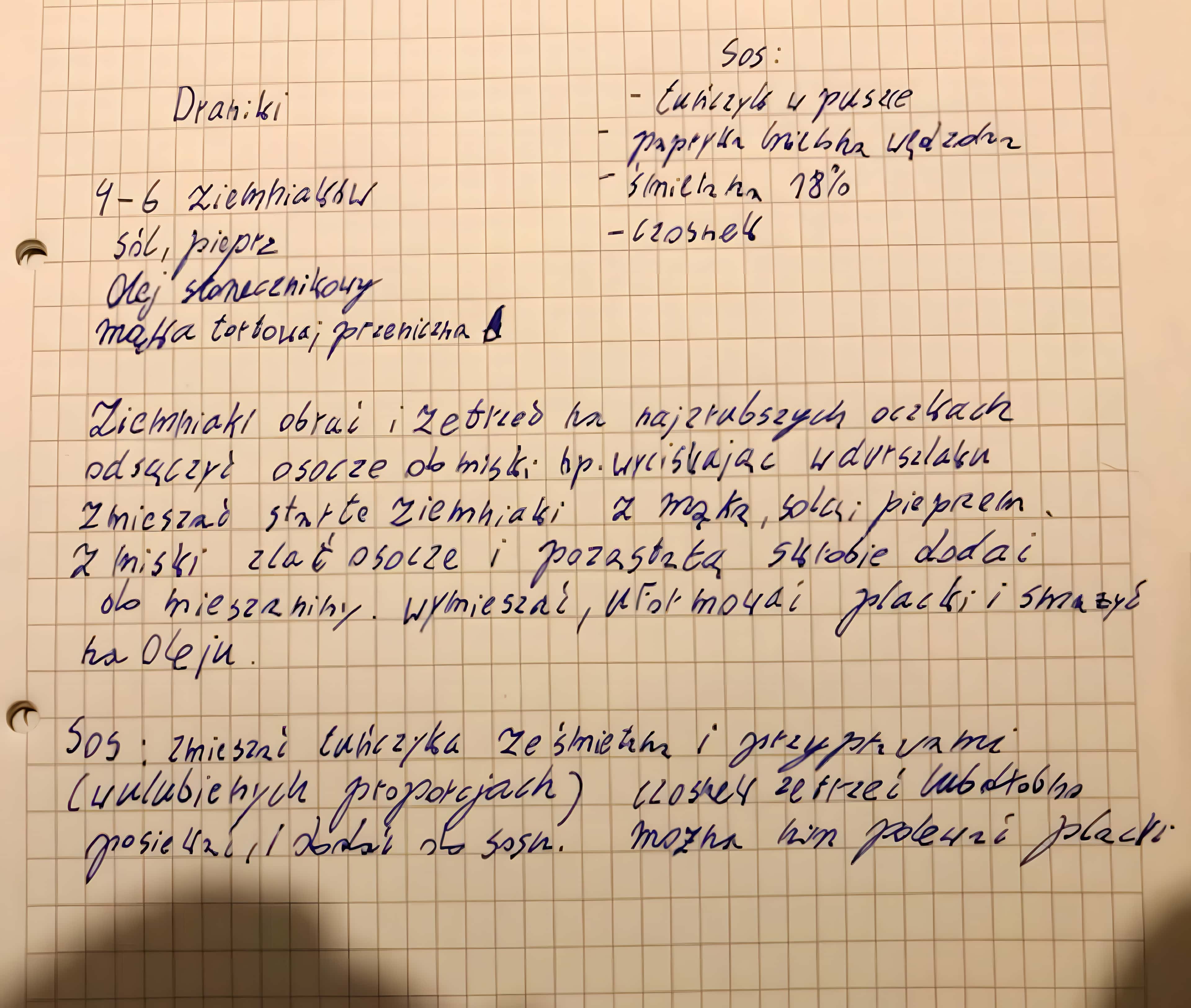 zeskanowany dokument, odręcznie pisany przepis kulinarny