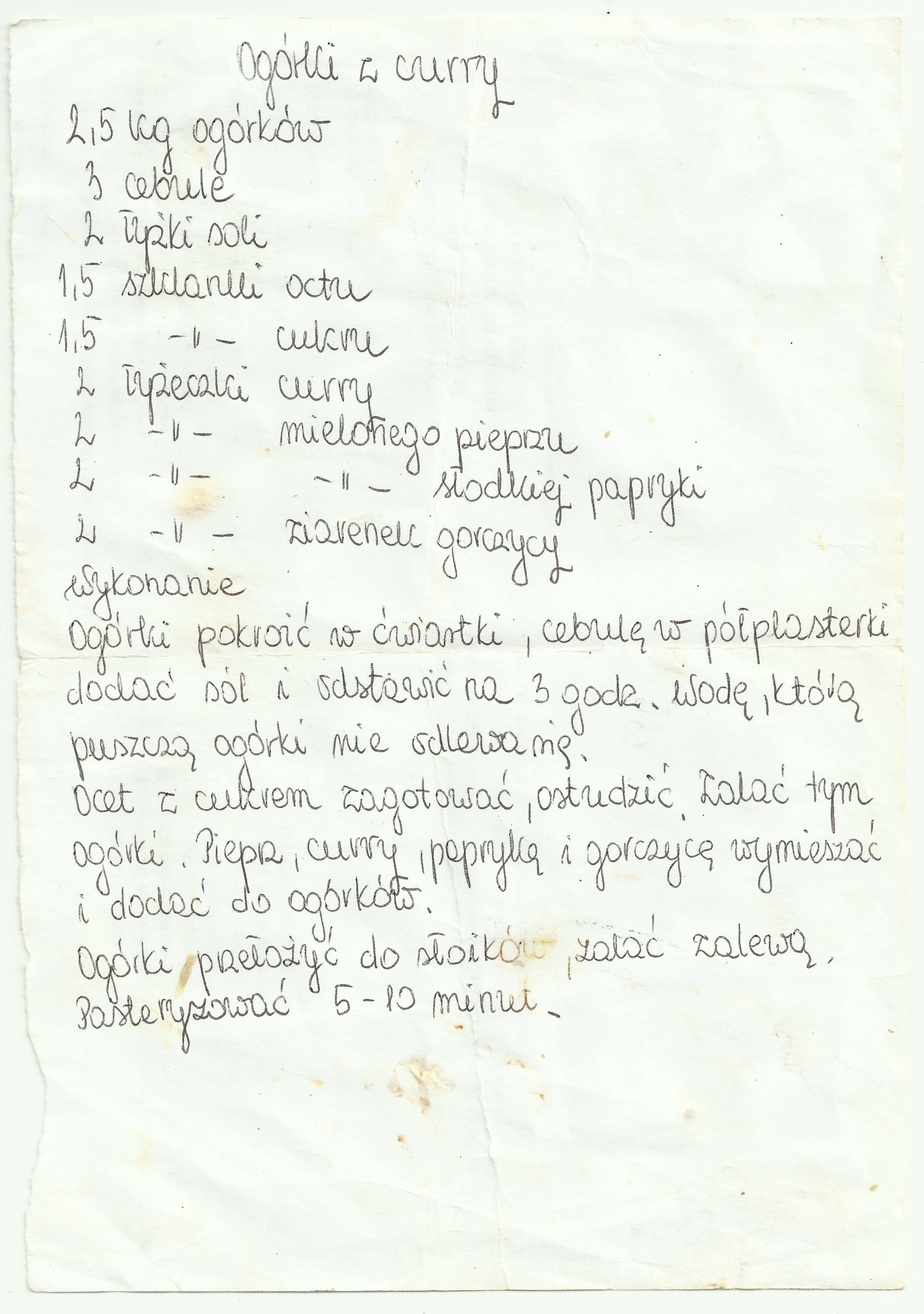 zeskanowany dokument, odręcznie pisany przepis kulinarny