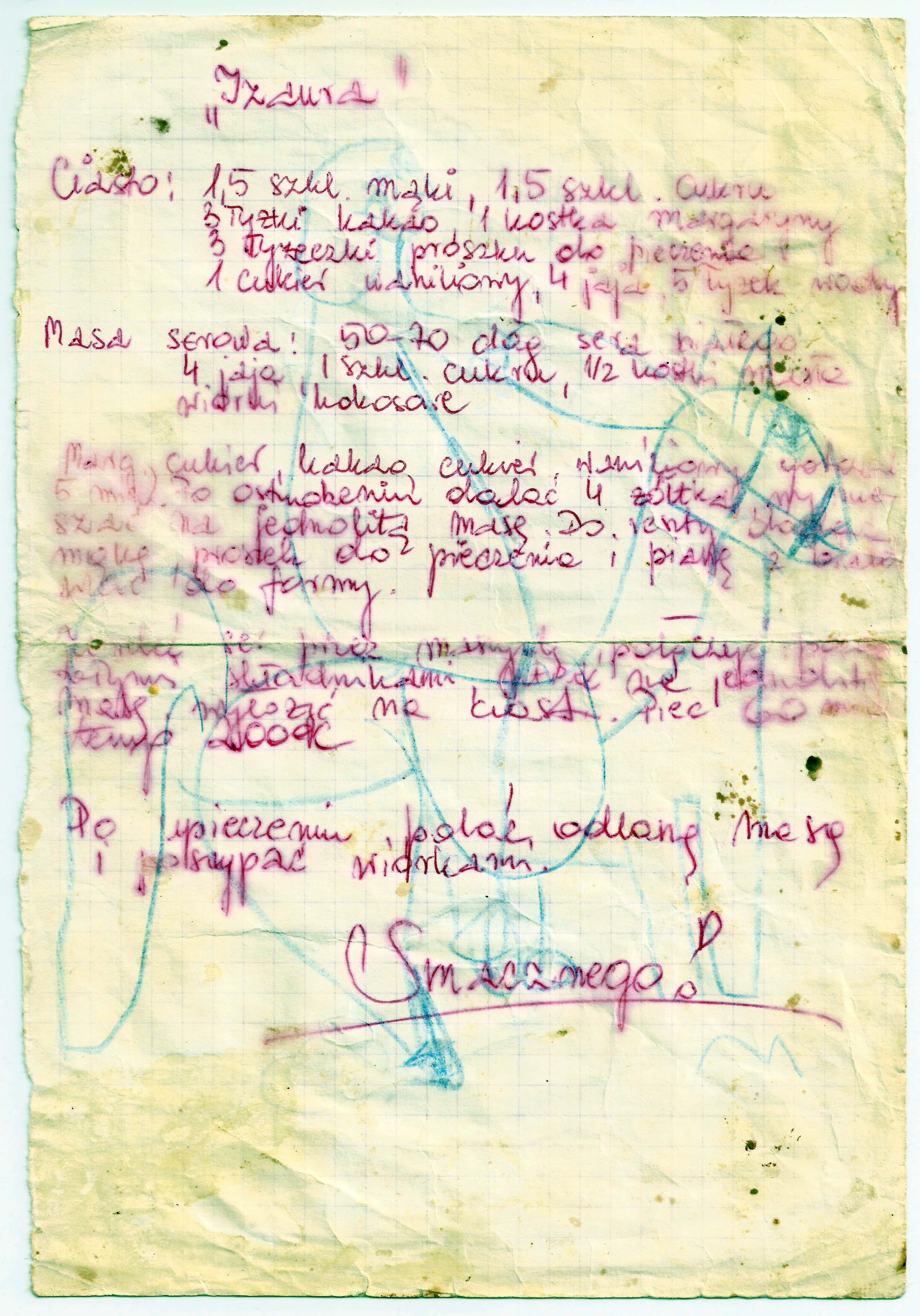 zeskanowany dokument, odręcznie pisany przepis kulinarny