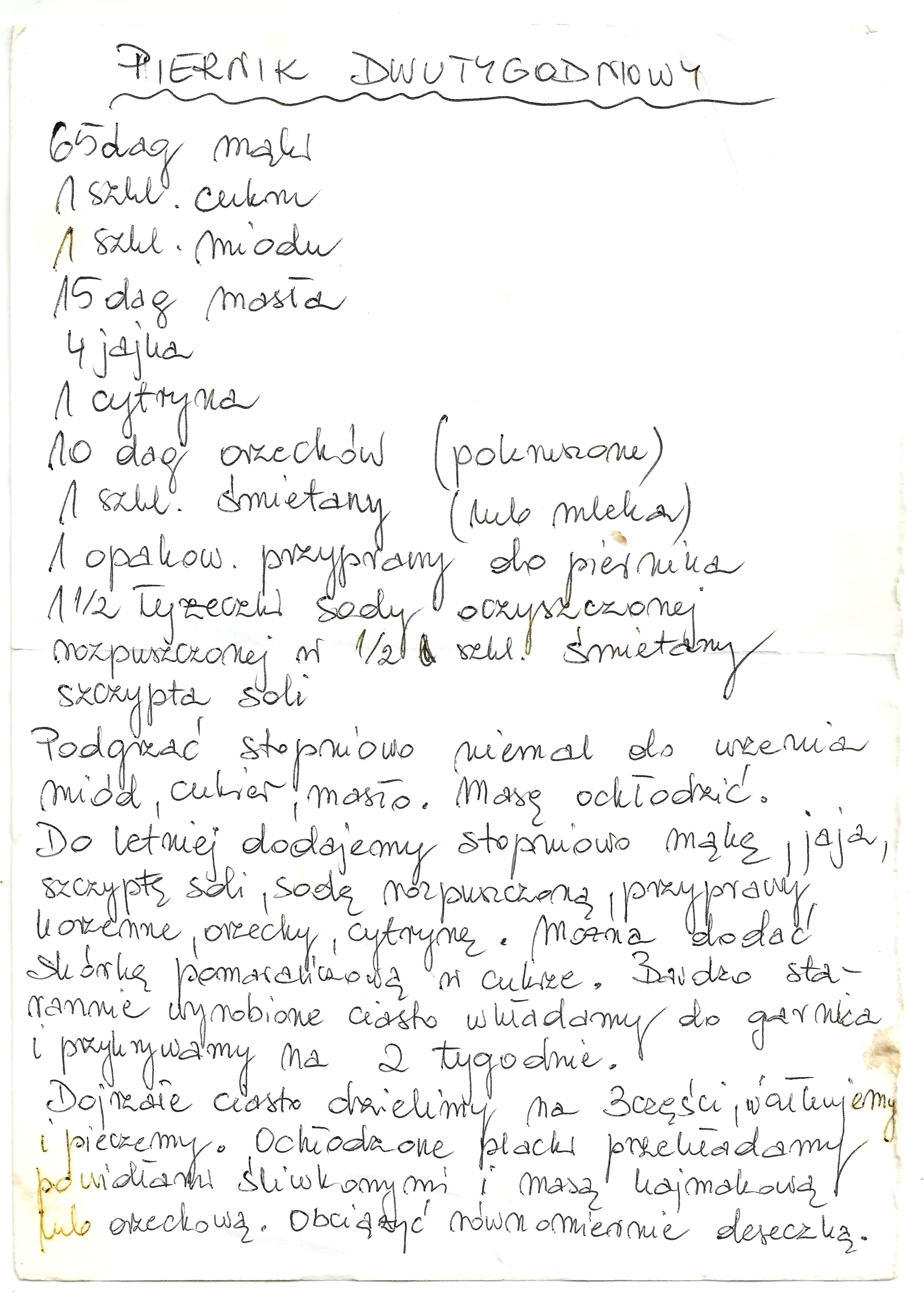 zeskanowany dokument, odręcznie pisany przepis kulinarny