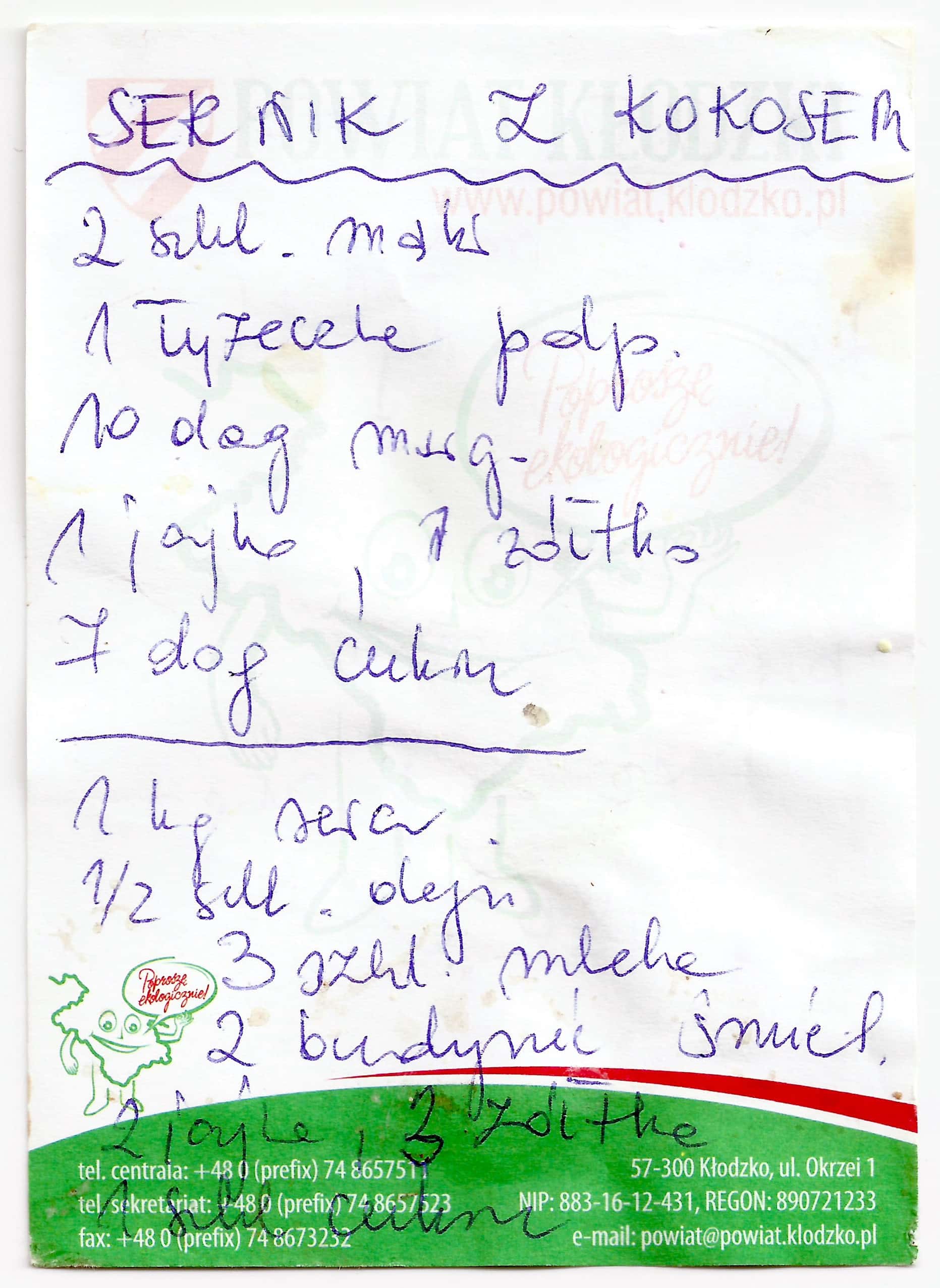 zeskanowany dokument, odręcznie pisany przepis kulinarny