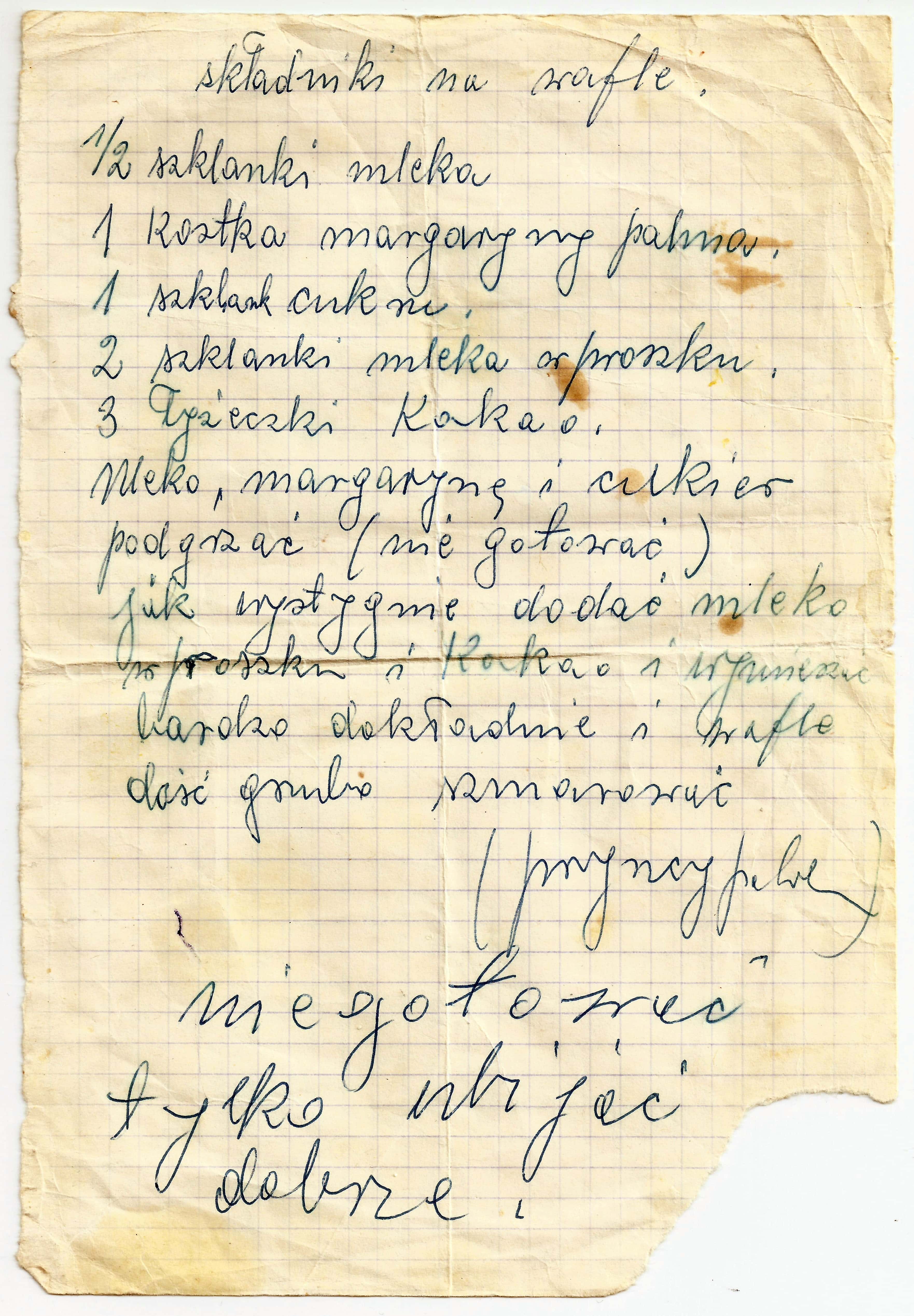 zeskanowany dokument, odręcznie pisany przepis kulinarny